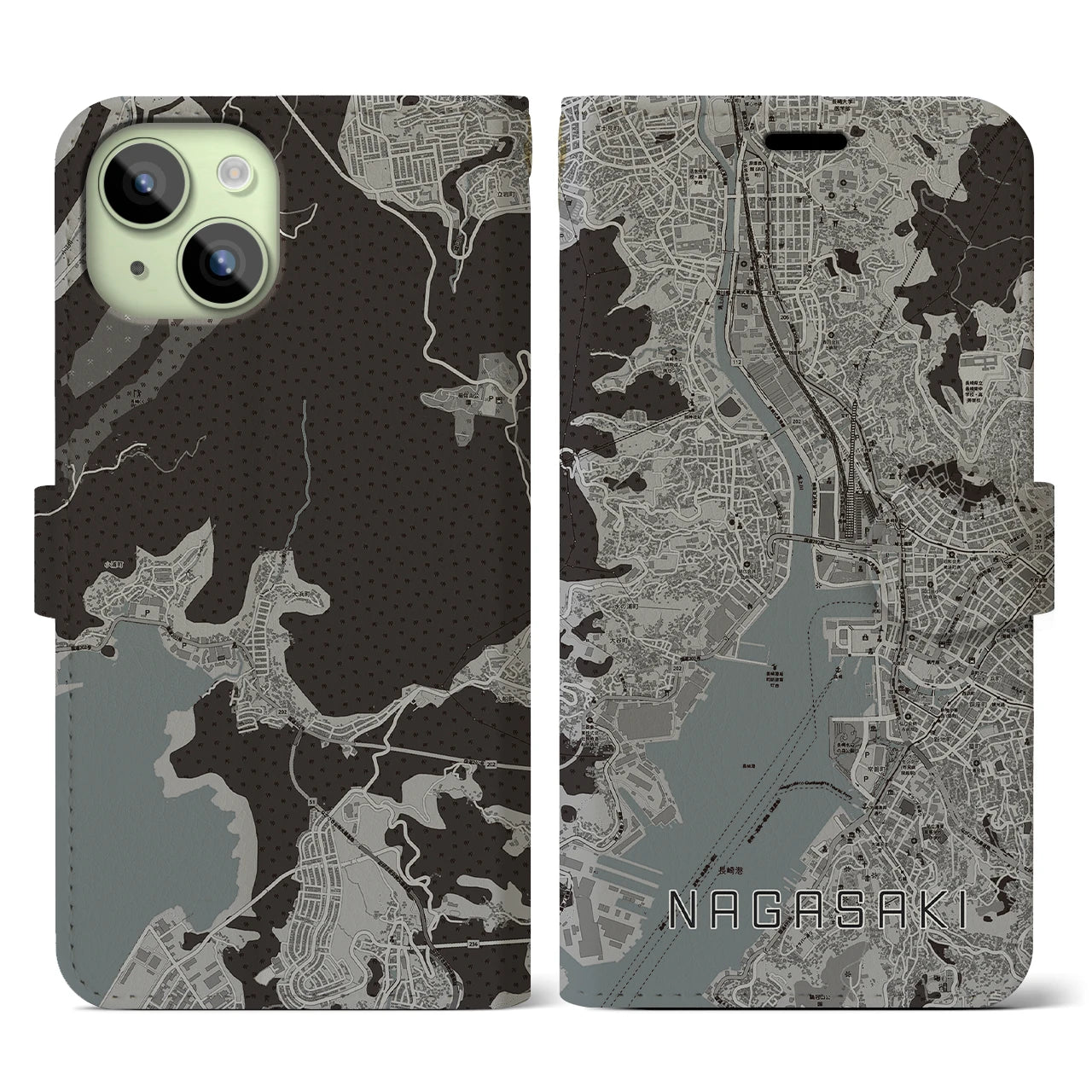 【長崎(長崎県)】地図柄iPhoneケース(手帳タイプ)モノトーン・iPhone 15 用