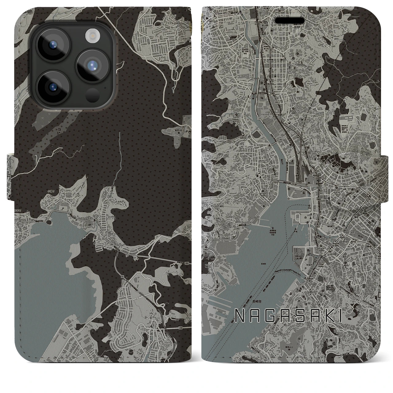 【長崎(長崎県)】地図柄iPhoneケース(手帳タイプ)モノトーン・iPhone 15 Pro Max 用