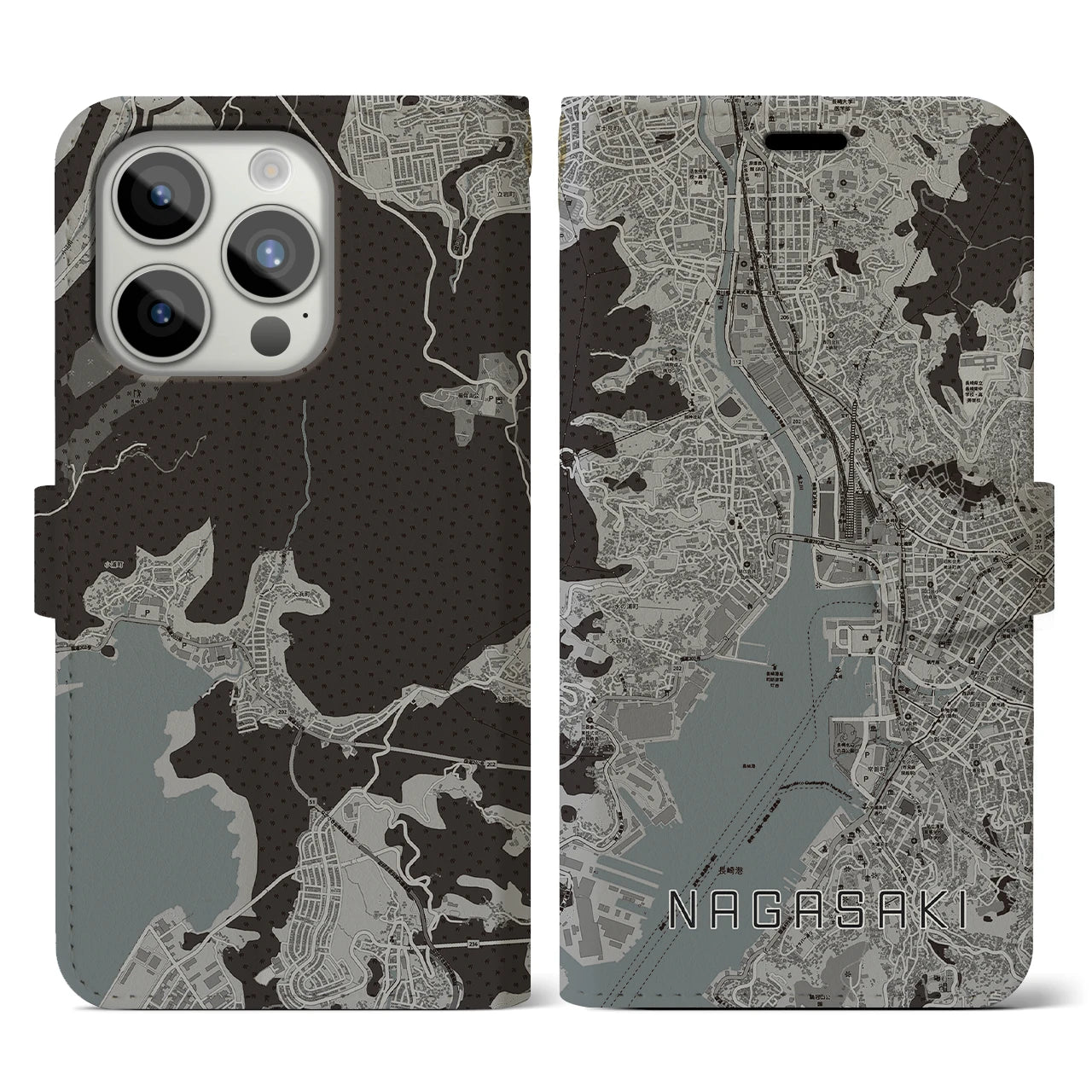 【長崎(長崎県)】地図柄iPhoneケース(手帳タイプ)モノトーン・iPhone 15 Pro 用