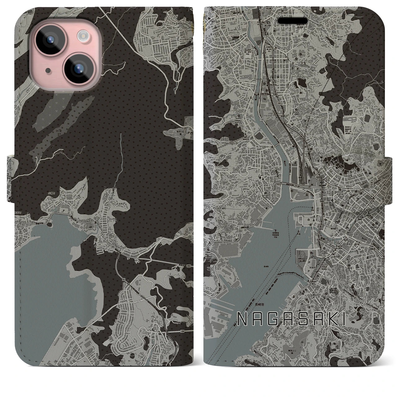 【長崎(長崎県)】地図柄iPhoneケース(手帳タイプ)モノトーン・iPhone 15 Plus 用