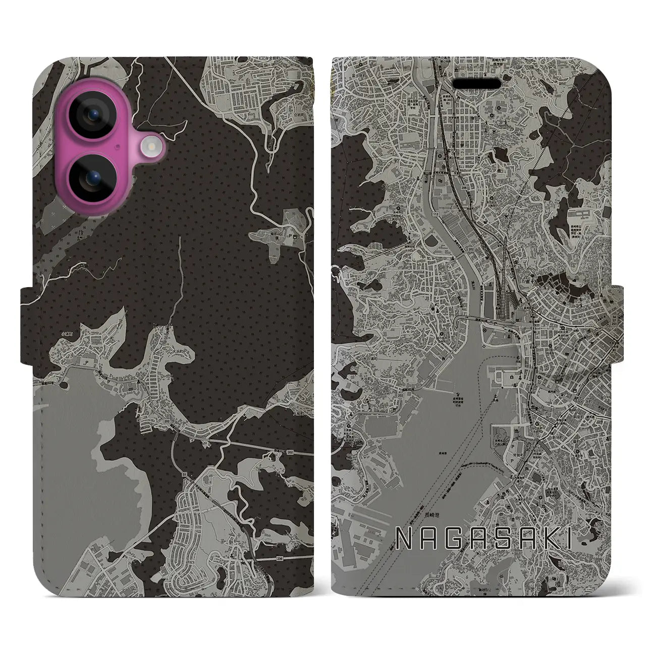 【長崎(長崎県)】地図柄iPhoneケース(手帳タイプ)モノトーン・iPhone 16 Pro 用