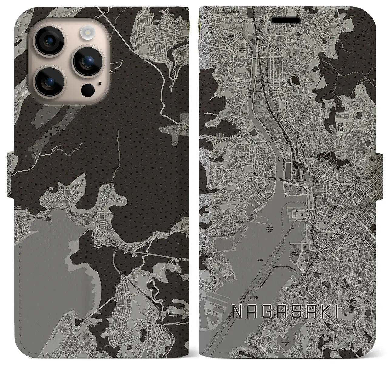 【長崎(長崎県)】地図柄iPhoneケース(手帳タイプ)モノトーン・iPhone 16 Plus 用