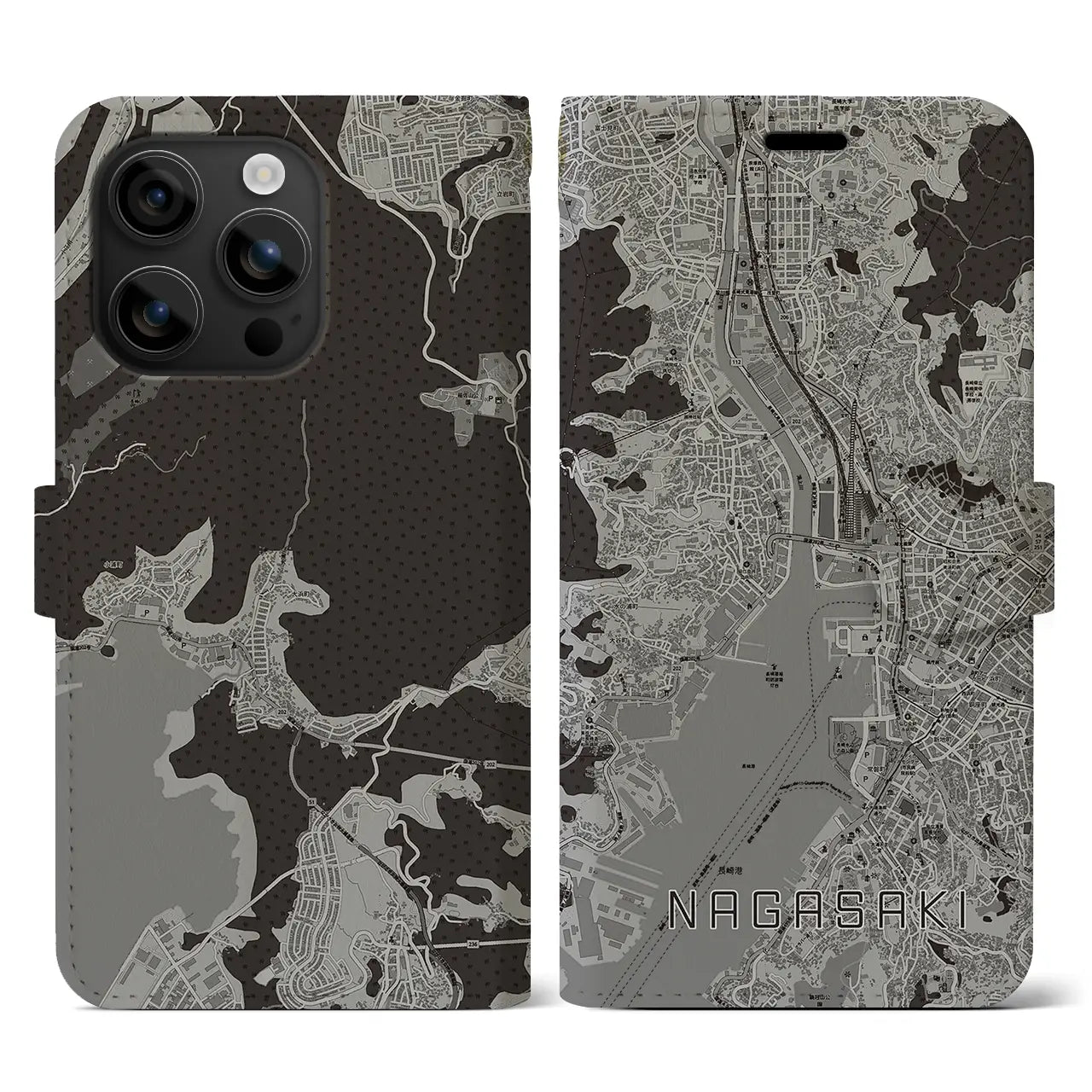 【長崎(長崎県)】地図柄iPhoneケース(手帳タイプ)モノトーン・iPhone 16 用