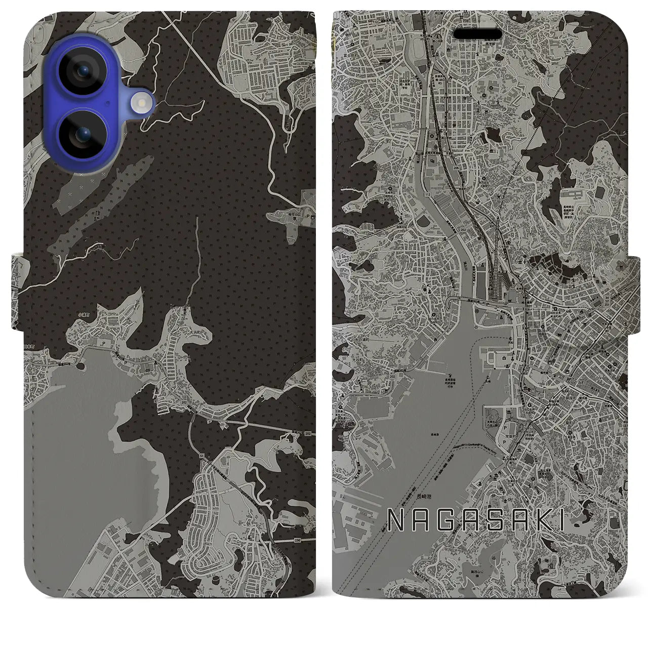 【長崎(長崎県)】地図柄iPhoneケース(手帳タイプ)モノトーン・iPhone 16 Pro Max 用