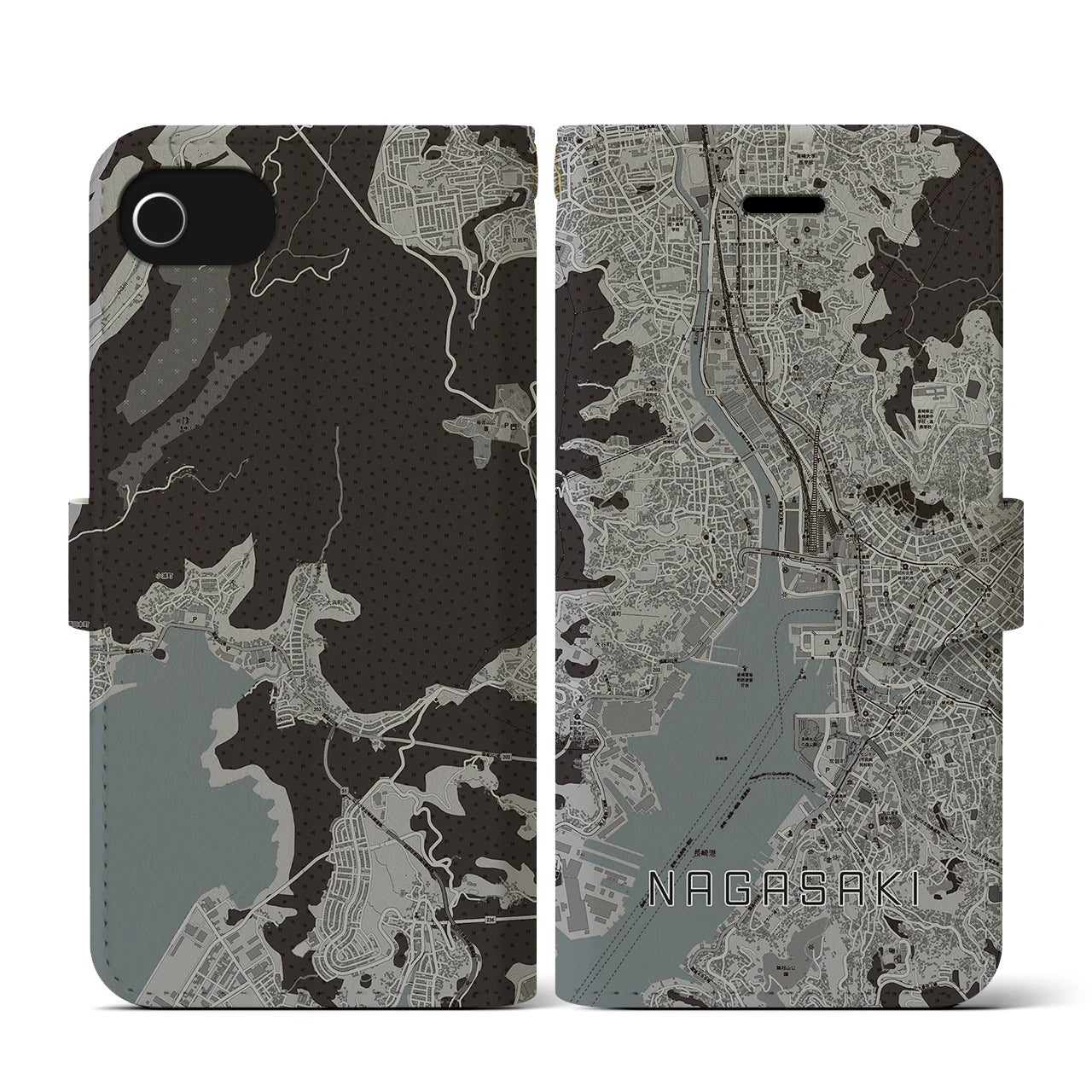 【長崎(長崎県)】地図柄iPhoneケース(手帳タイプ)モノトーン・iPhone SE(第3 / 第2世代) / 8 / 7 / 6s / 6 用