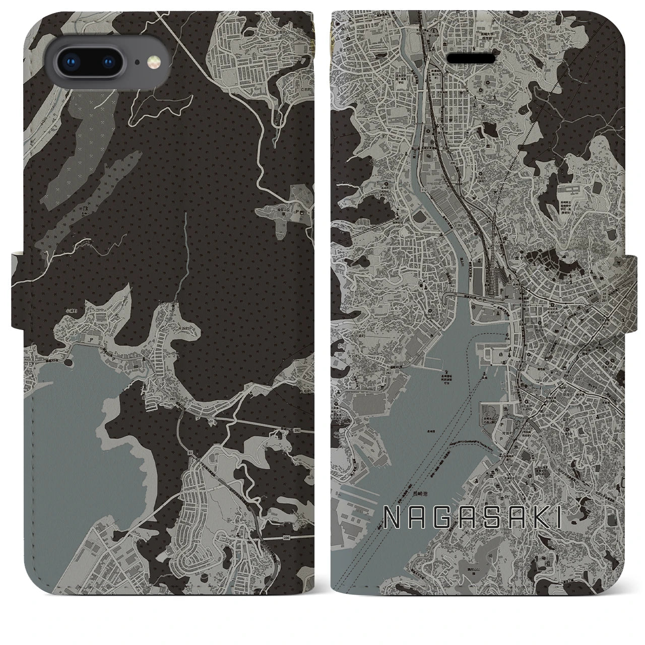 【長崎(長崎県)】地図柄iPhoneケース(手帳タイプ)モノトーン・iPhone 8Plus /7Plus / 6sPlus / 6Plus 用
