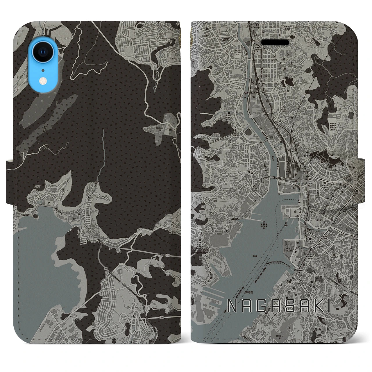 【長崎(長崎県)】地図柄iPhoneケース(手帳タイプ)モノトーン・iPhone XR 用