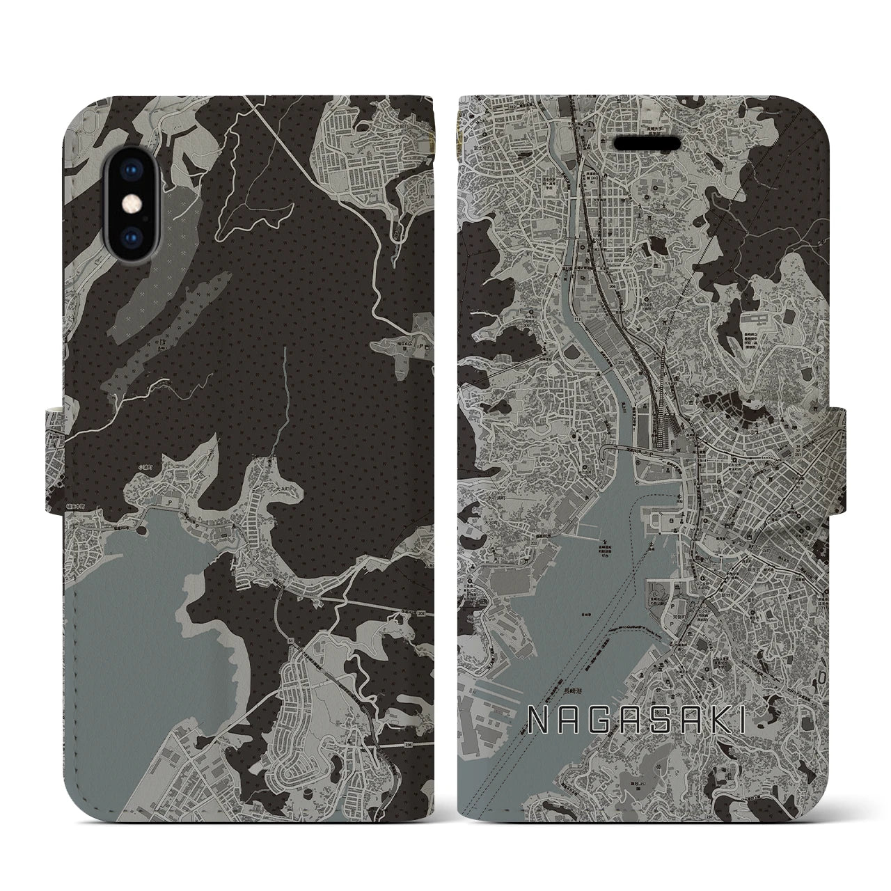 【長崎(長崎県)】地図柄iPhoneケース(手帳タイプ)モノトーン・iPhone XS / X 用