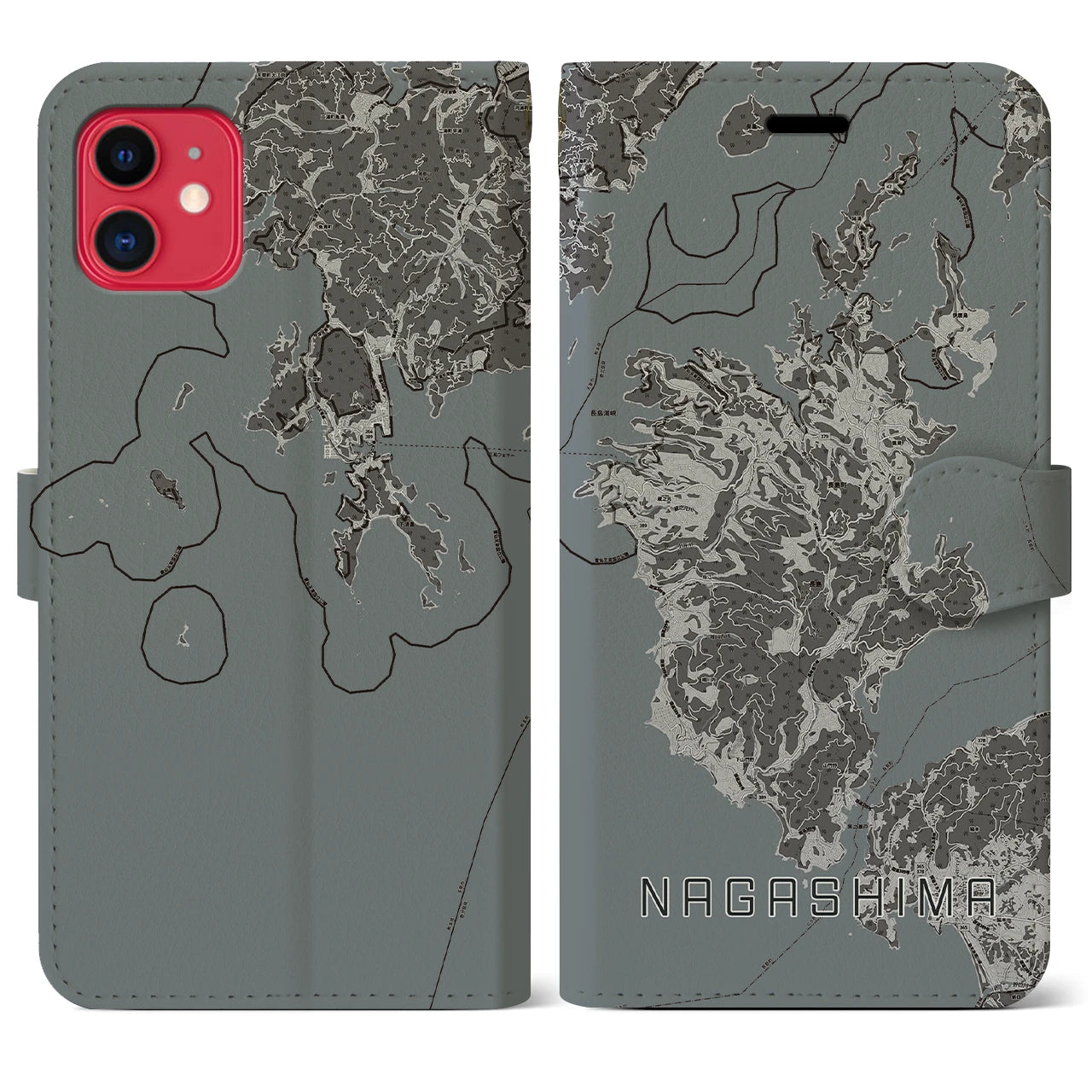 【長島(鹿児島県)】地図柄iPhoneケース(手帳タイプ)モノトーン・iPhone 11 用