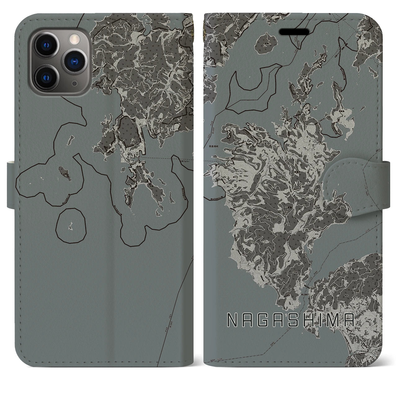 【長島(鹿児島県)】地図柄iPhoneケース(手帳タイプ)モノトーン・iPhone 11 Pro Max 用
