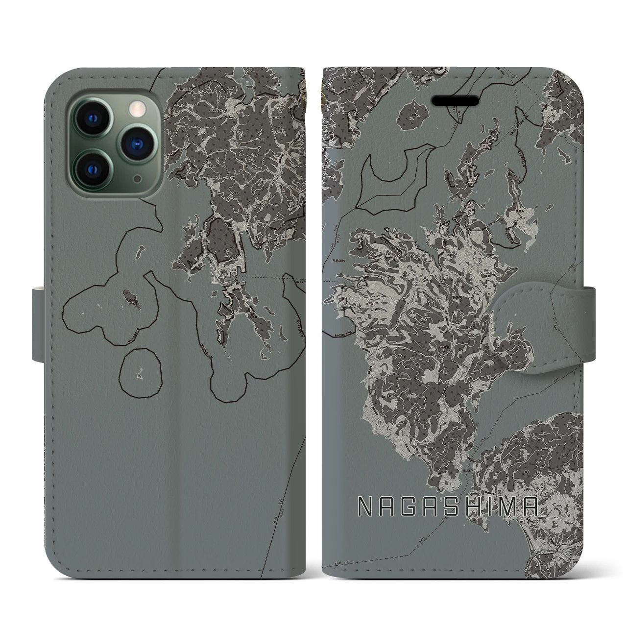 【長島(鹿児島県)】地図柄iPhoneケース(手帳タイプ)モノトーン・iPhone 11 Pro 用