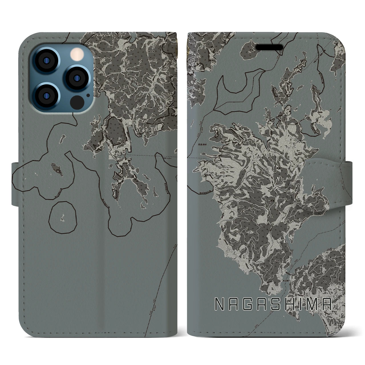 【長島(鹿児島県)】地図柄iPhoneケース(手帳タイプ)モノトーン・iPhone 12 / 12 Pro 用