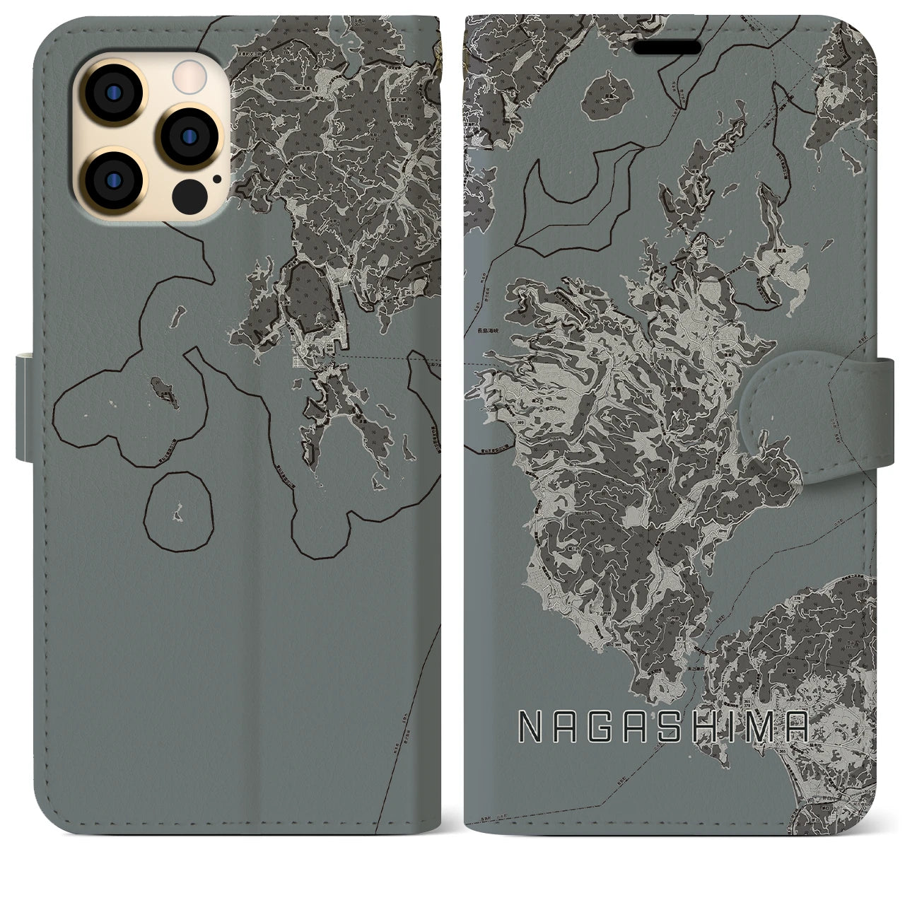 【長島(鹿児島県)】地図柄iPhoneケース(手帳タイプ)モノトーン・iPhone 12 Pro Max 用