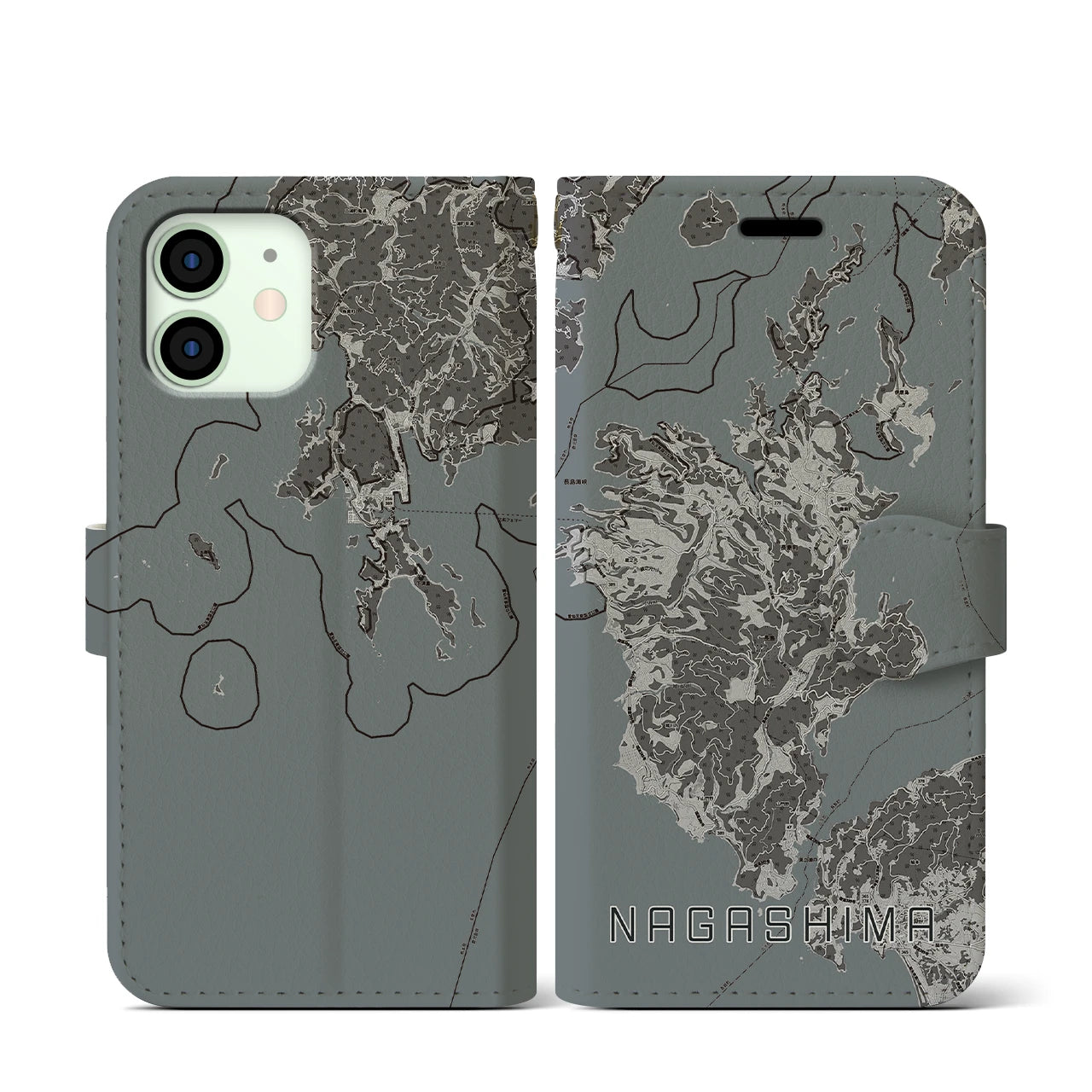 【長島(鹿児島県)】地図柄iPhoneケース(手帳タイプ)モノトーン・iPhone 12 mini 用