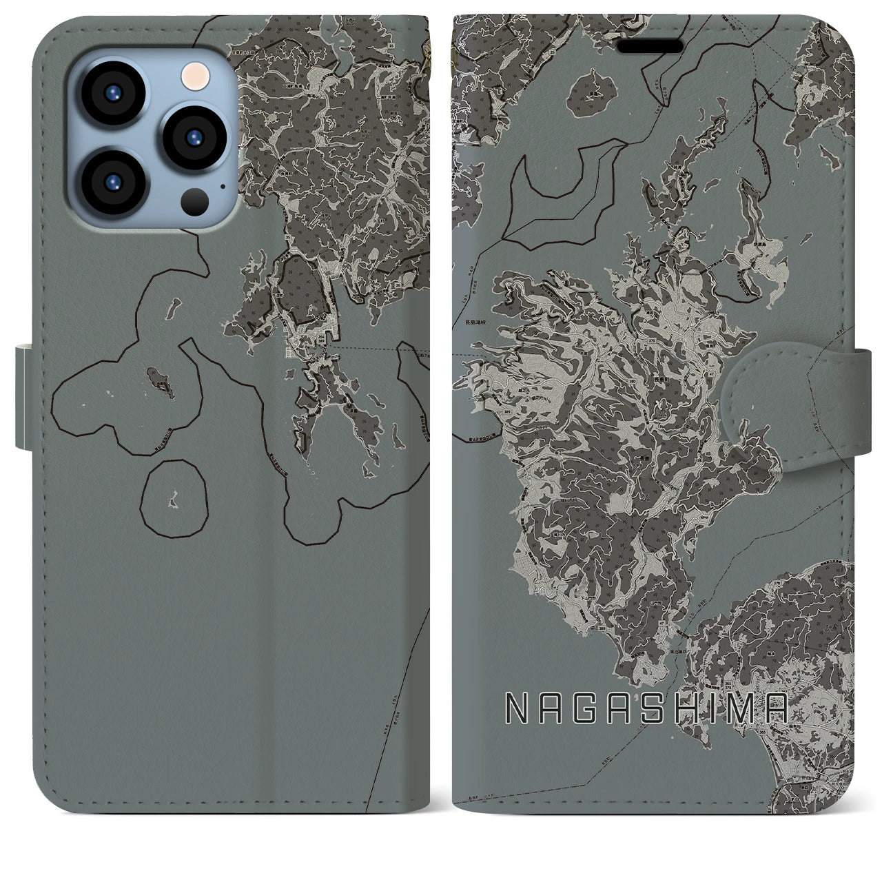 【長島(鹿児島県)】地図柄iPhoneケース(手帳タイプ)モノトーン・iPhone 13 Pro Max 用