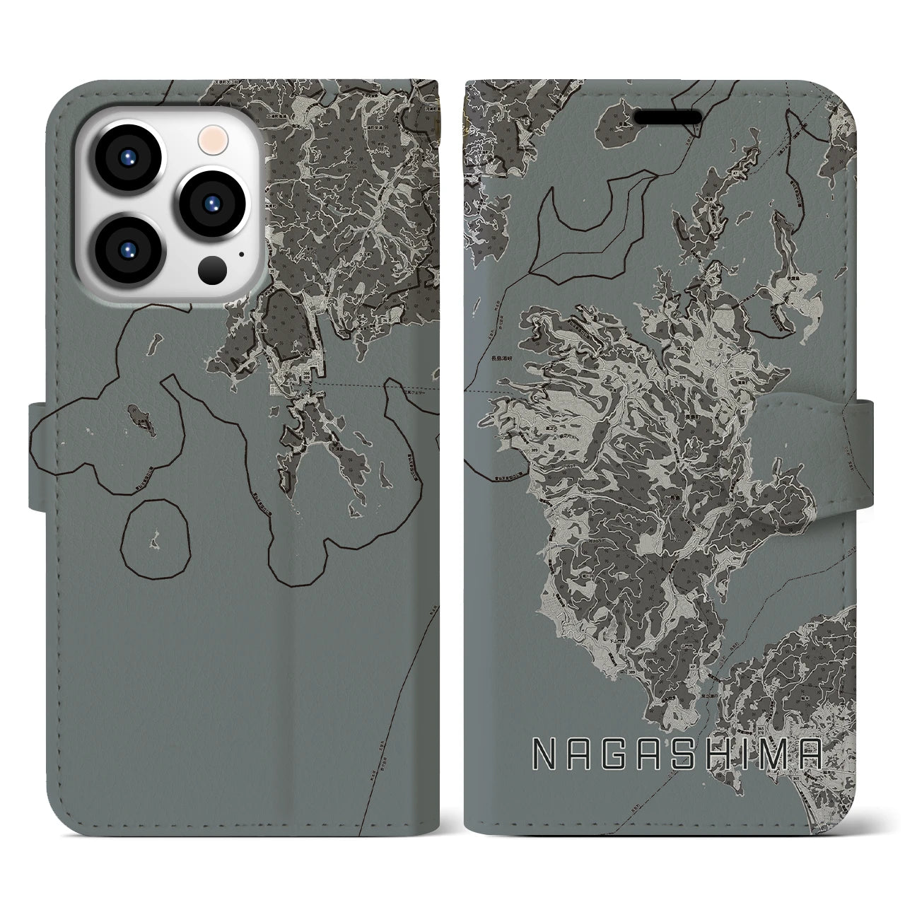 【長島(鹿児島県)】地図柄iPhoneケース(手帳タイプ)モノトーン・iPhone 13 Pro 用