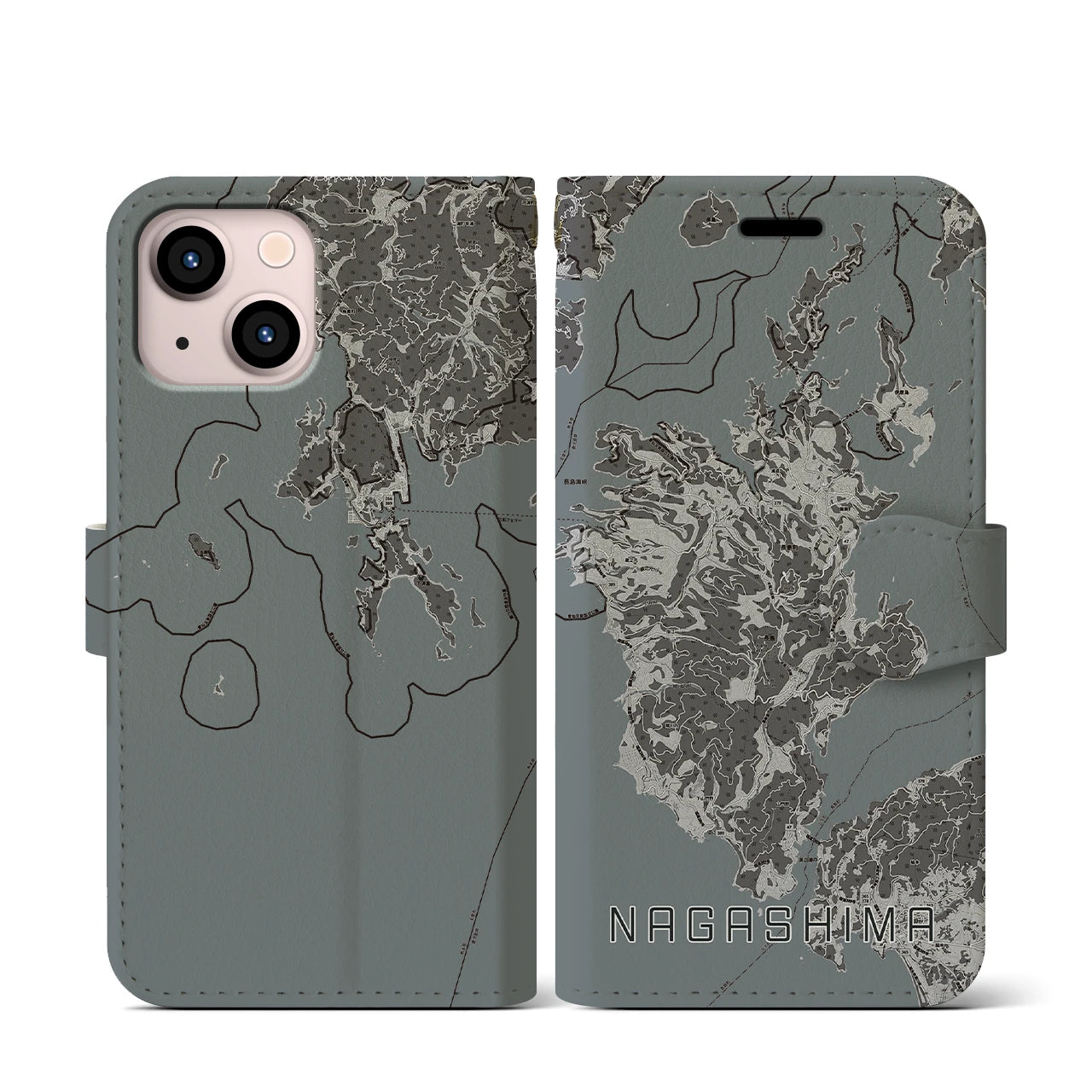 【長島(鹿児島県)】地図柄iPhoneケース(手帳タイプ)モノトーン・iPhone 13 mini 用