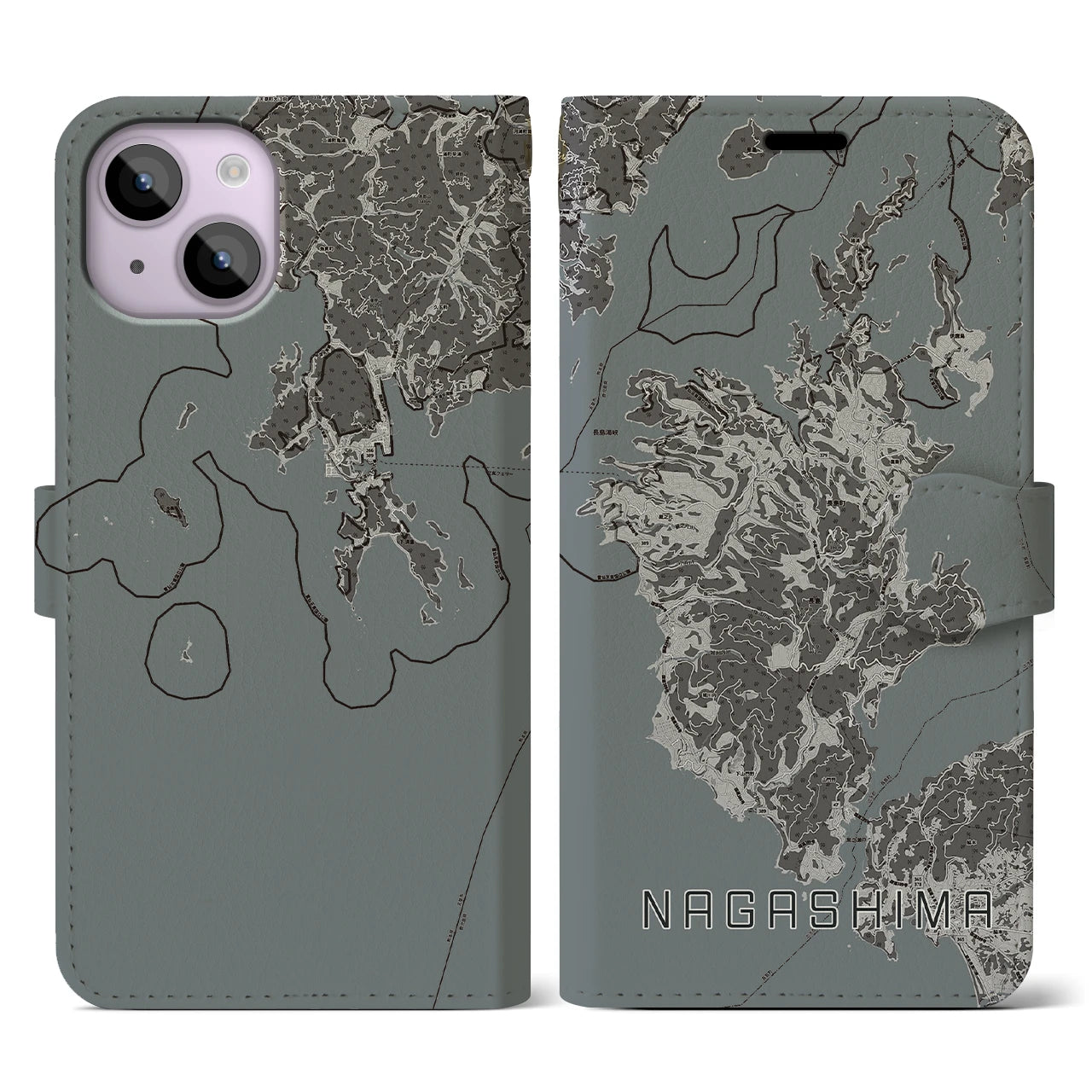 【長島(鹿児島県)】地図柄iPhoneケース(手帳タイプ)モノトーン・iPhone 14 用