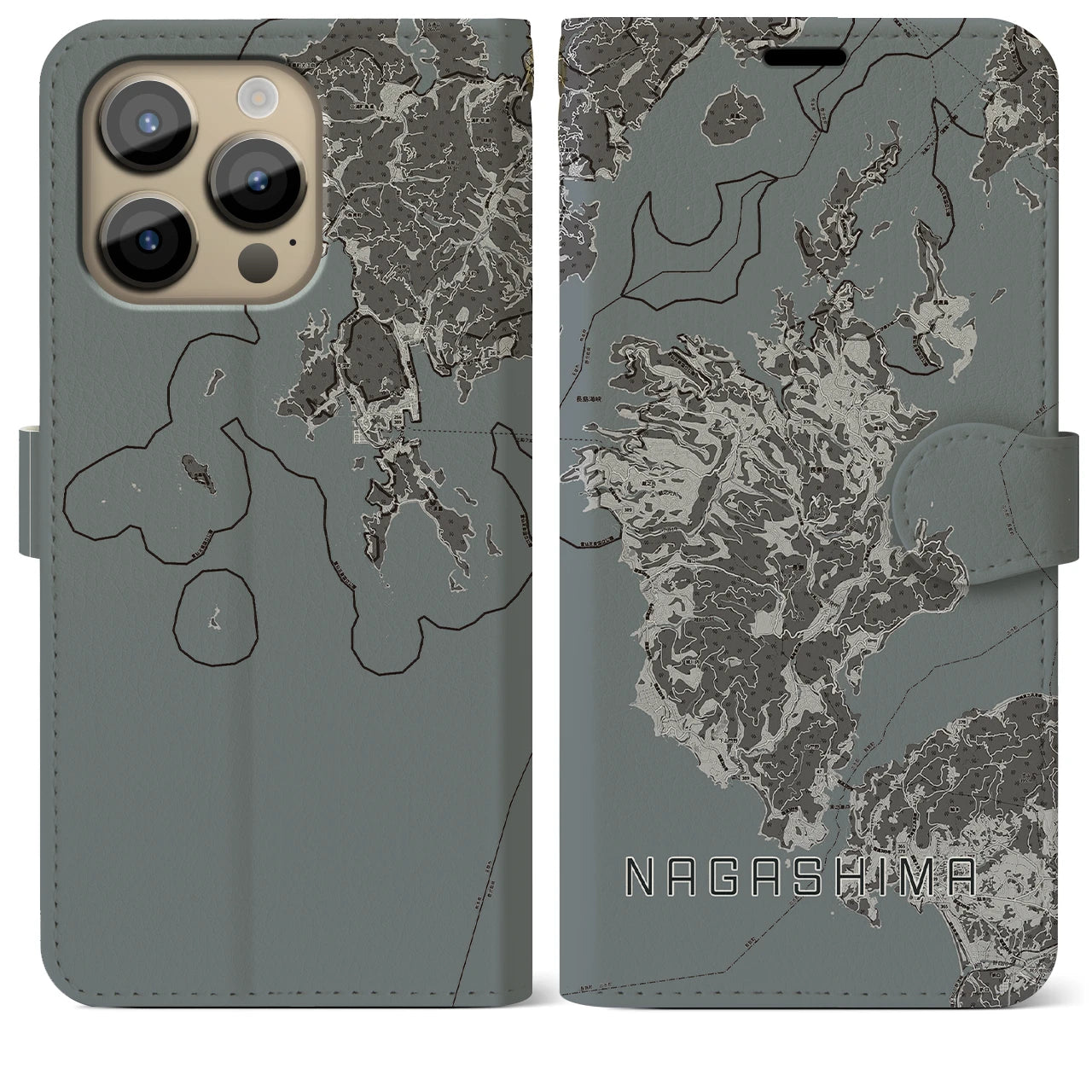 【長島(鹿児島県)】地図柄iPhoneケース(手帳タイプ)モノトーン・iPhone 14 Pro Max 用