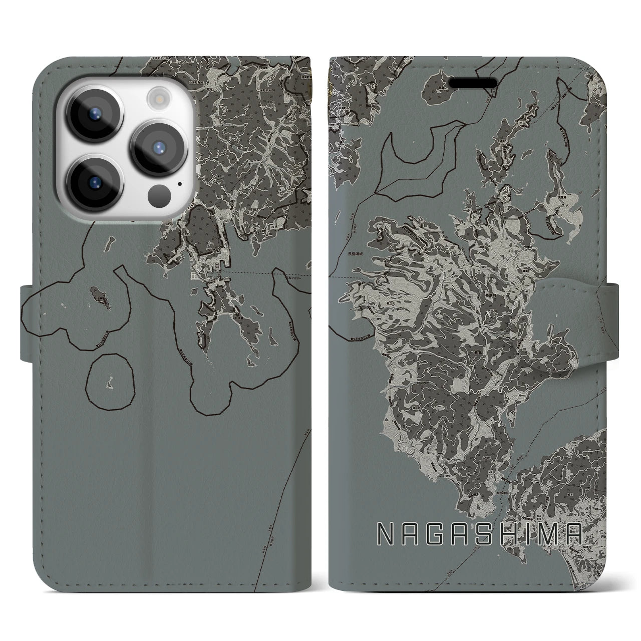 【長島(鹿児島県)】地図柄iPhoneケース(手帳タイプ)モノトーン・iPhone 14 Pro 用