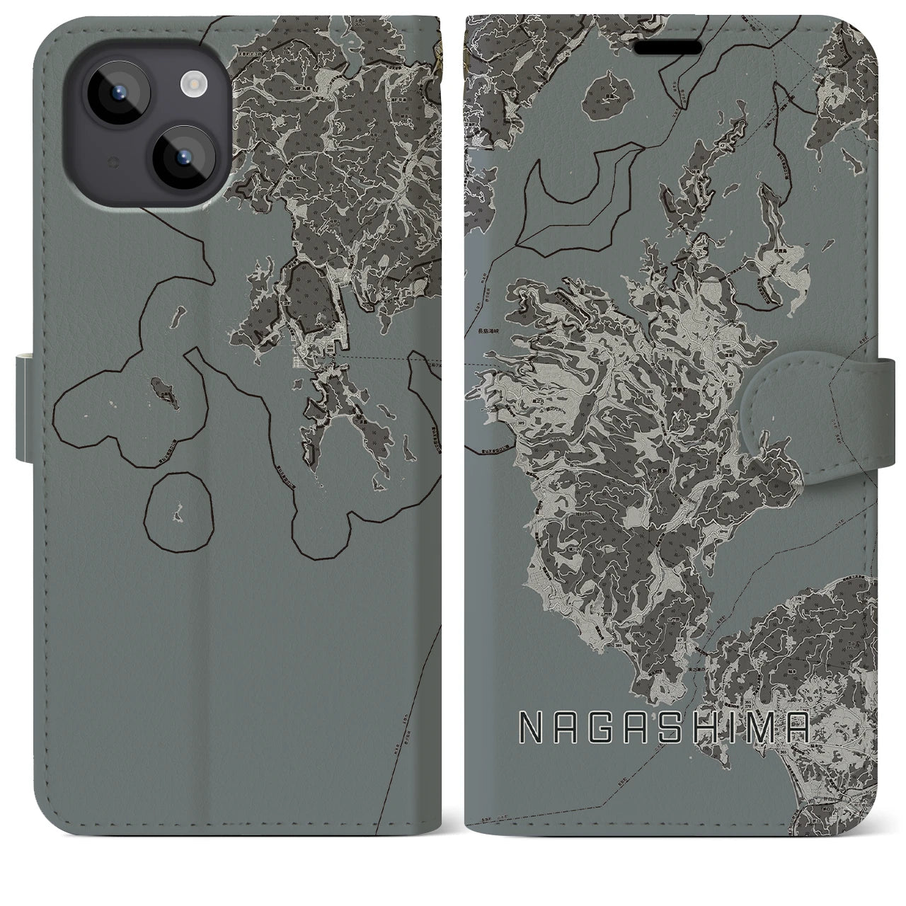 【長島(鹿児島県)】地図柄iPhoneケース(手帳タイプ)モノトーン・iPhone 14 Plus 用