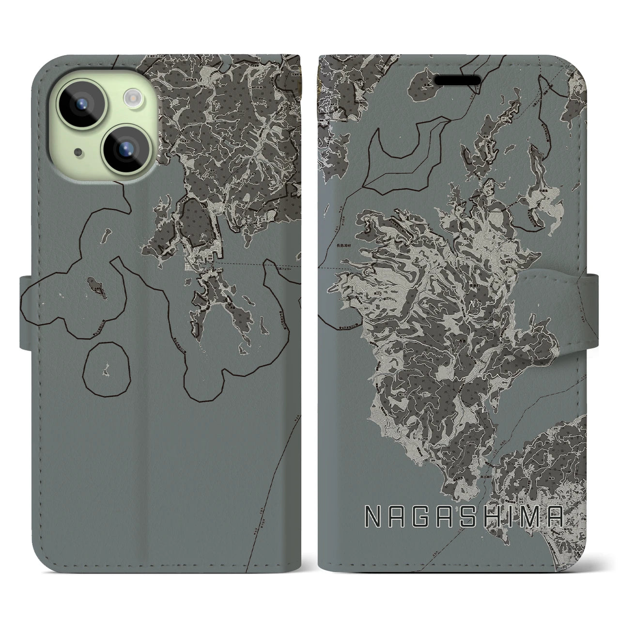 【長島(鹿児島県)】地図柄iPhoneケース(手帳タイプ)モノトーン・iPhone 15 用