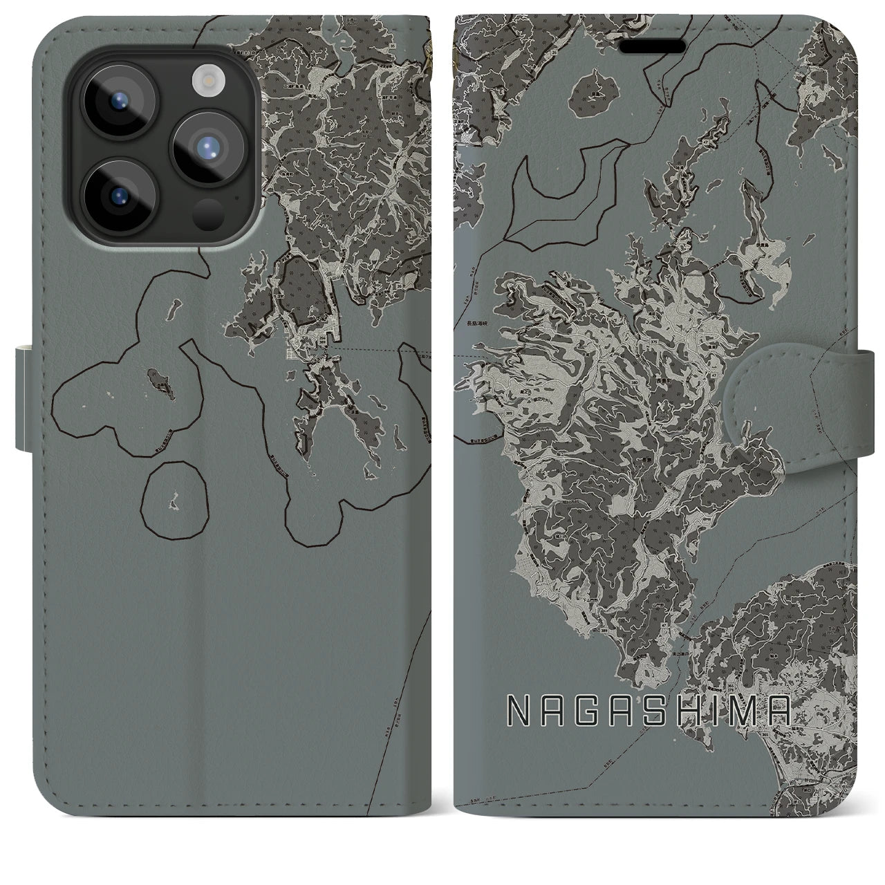 【長島(鹿児島県)】地図柄iPhoneケース(手帳タイプ)モノトーン・iPhone 15 Pro Max 用