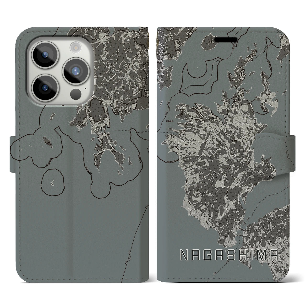 【長島(鹿児島県)】地図柄iPhoneケース(手帳タイプ)モノトーン・iPhone 15 Pro 用