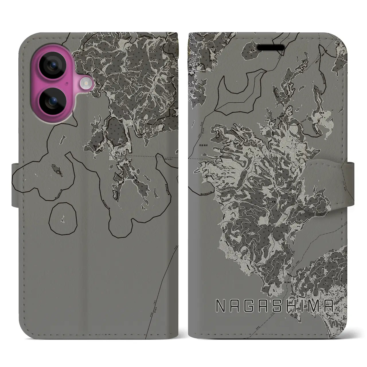 【長島(鹿児島県)】地図柄iPhoneケース(手帳タイプ)モノトーン・iPhone 16 Pro 用