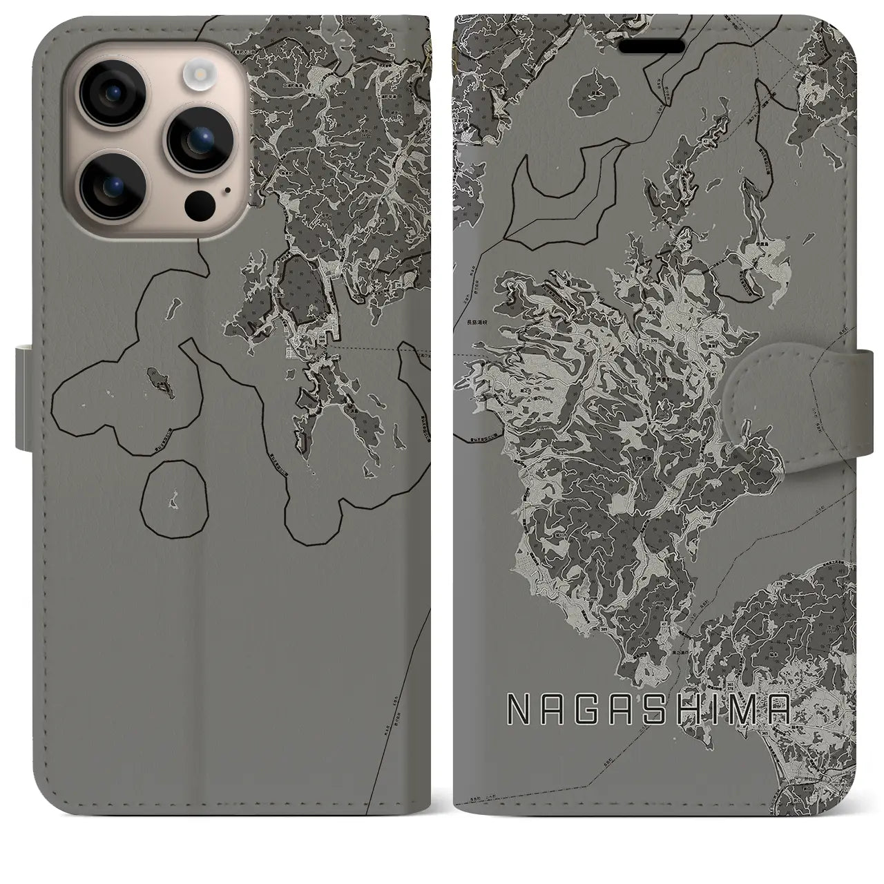 【長島(鹿児島県)】地図柄iPhoneケース(手帳タイプ)モノトーン・iPhone 16 Plus 用