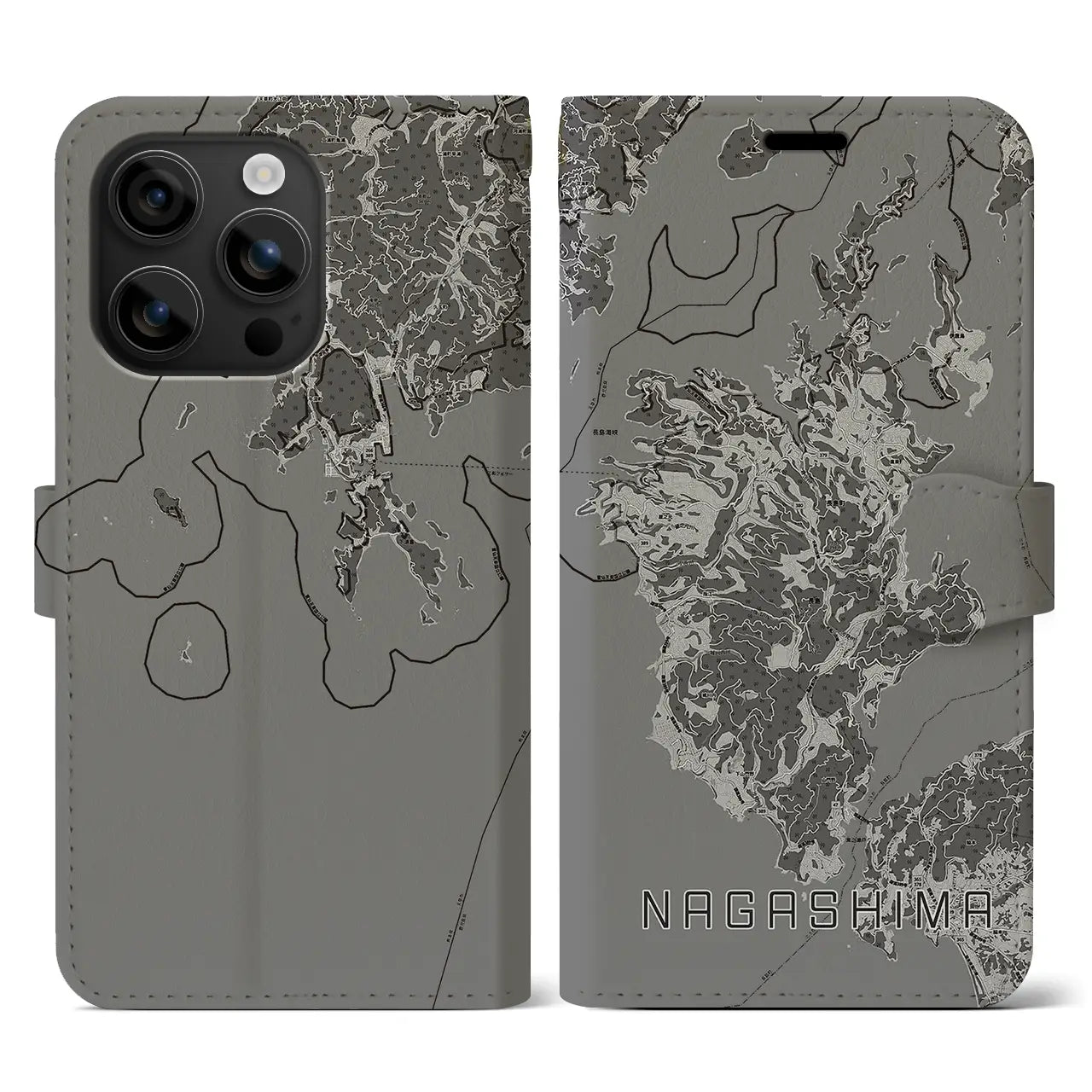【長島(鹿児島県)】地図柄iPhoneケース(手帳タイプ)モノトーン・iPhone 16 用