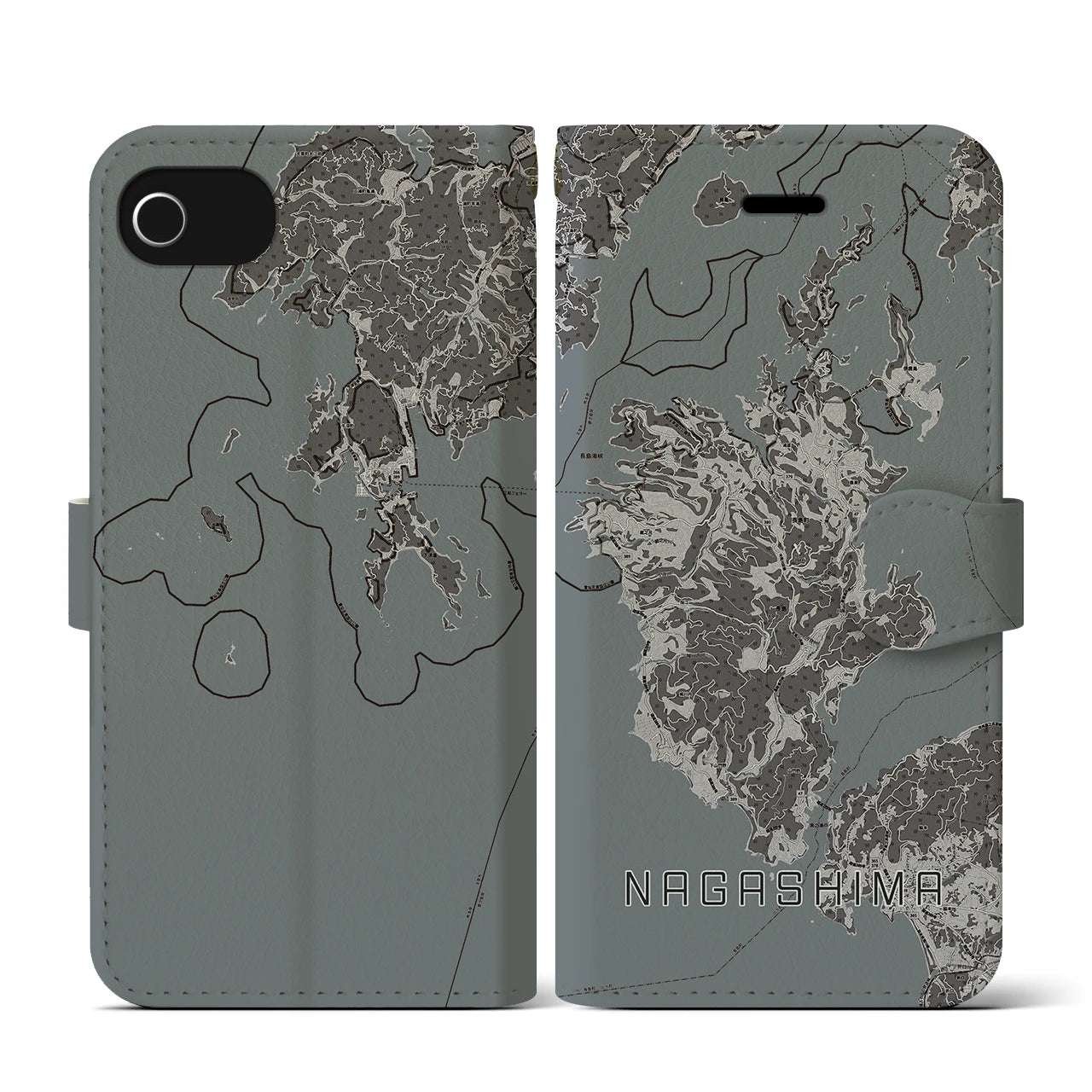 【長島(鹿児島県)】地図柄iPhoneケース(手帳タイプ)モノトーン・iPhone SE(第3 / 第2世代) / 8 / 7 / 6s / 6 用