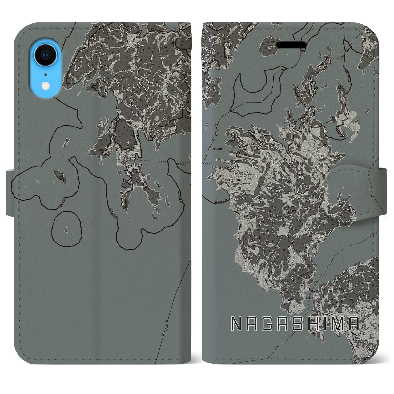 【長島(鹿児島県)】地図柄iPhoneケース(手帳タイプ)モノトーン・iPhone XR 用