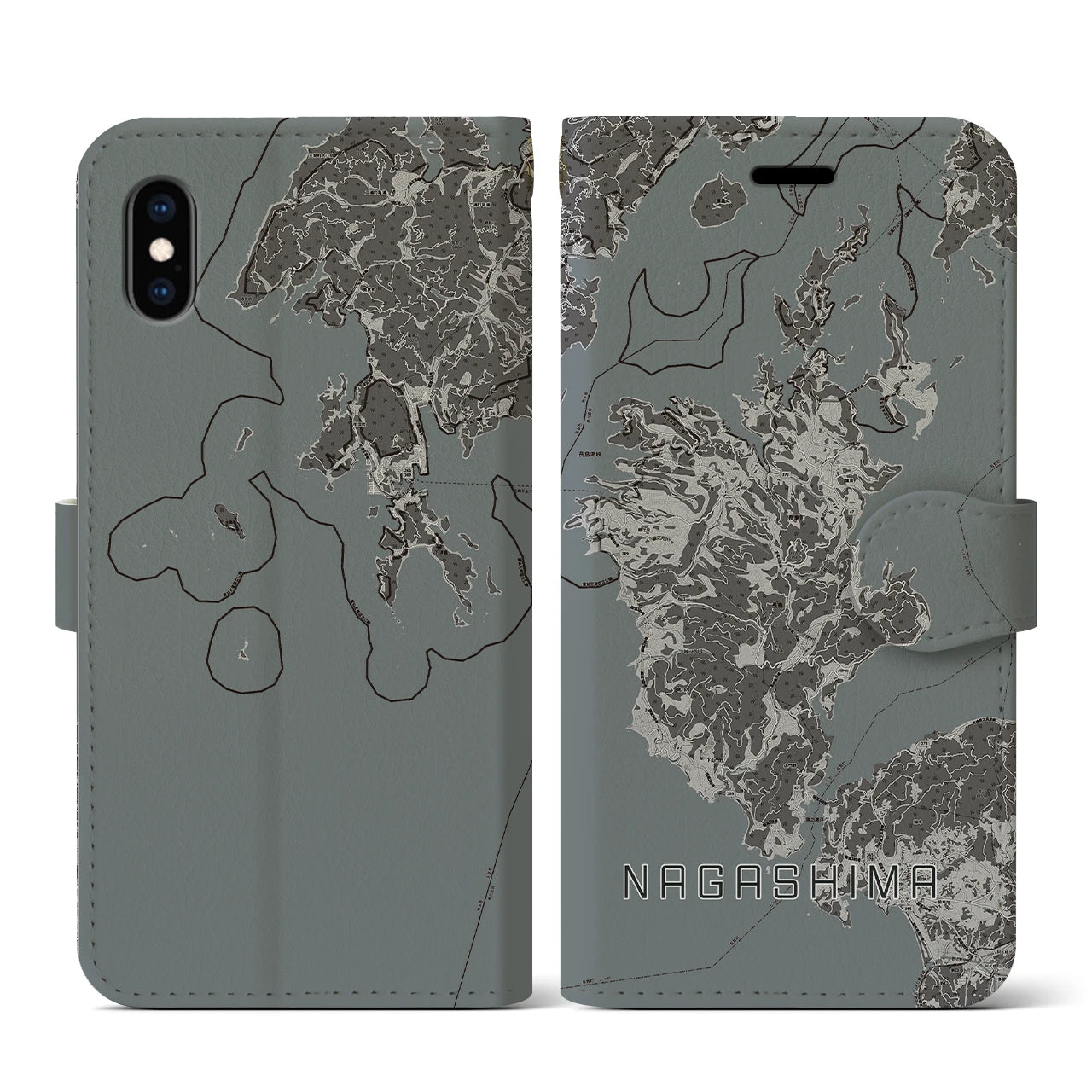 【長島(鹿児島県)】地図柄iPhoneケース(手帳タイプ)モノトーン・iPhone XS / X 用