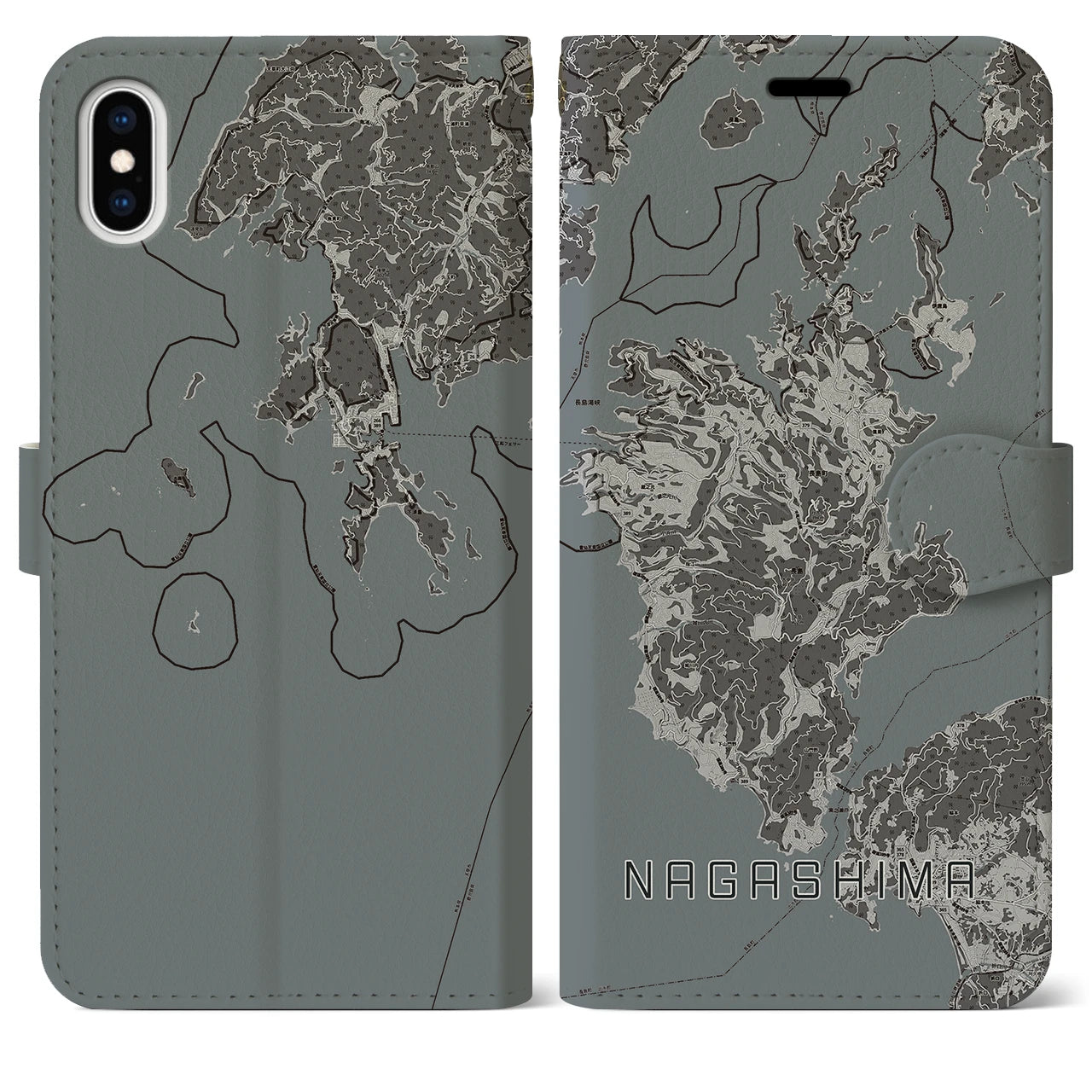 【長島(鹿児島県)】地図柄iPhoneケース(手帳タイプ)モノトーン・iPhone XS Max 用