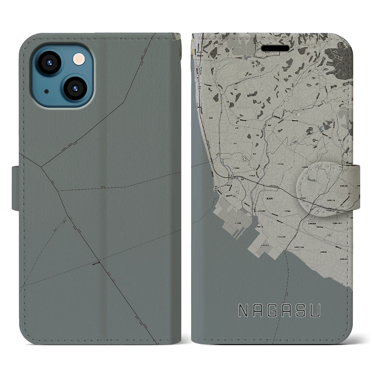 【長洲(熊本県)】地図柄iPhoneケース(手帳タイプ)モノトーン・iPhone 13 用