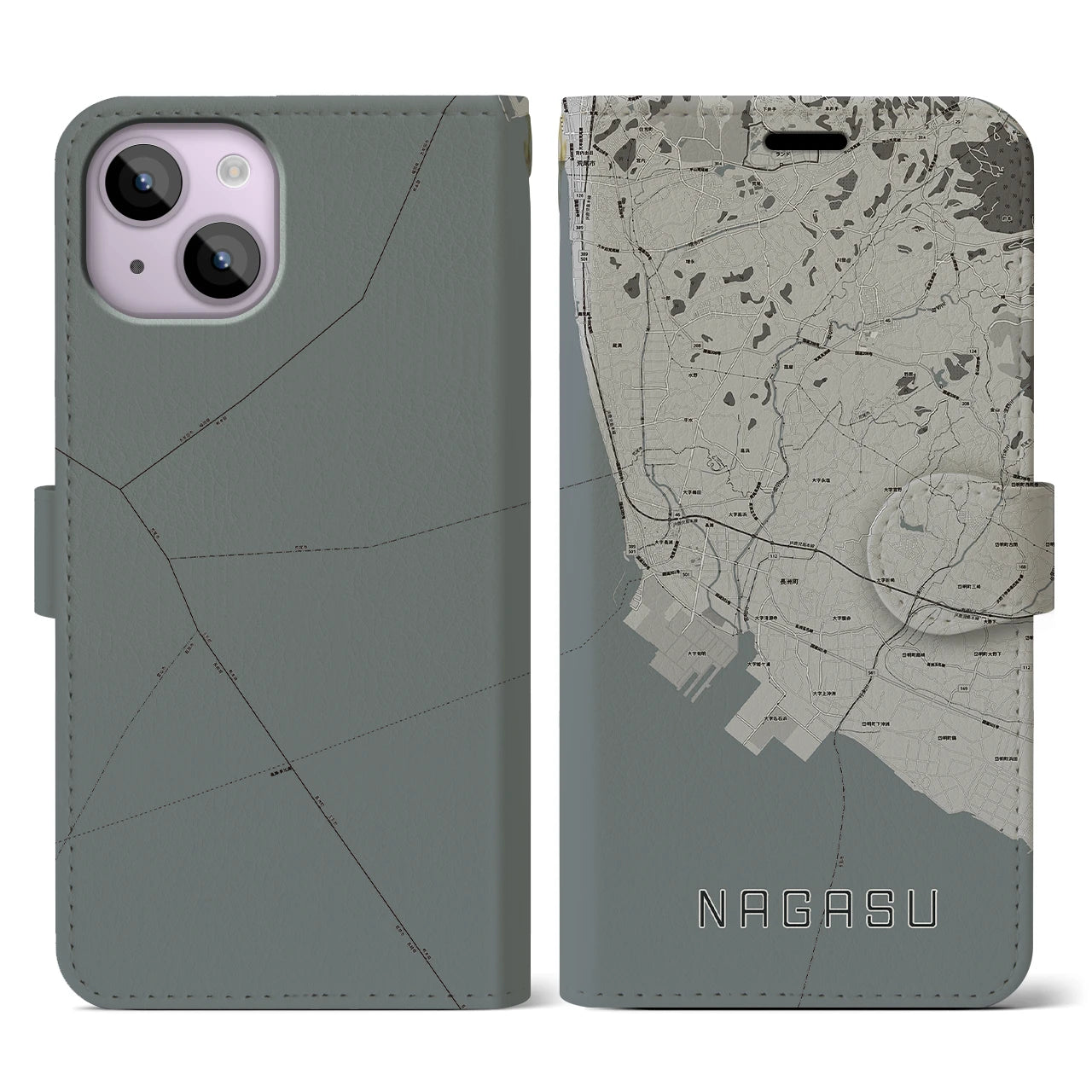 【長洲(熊本県)】地図柄iPhoneケース(手帳タイプ)モノトーン・iPhone 14 用