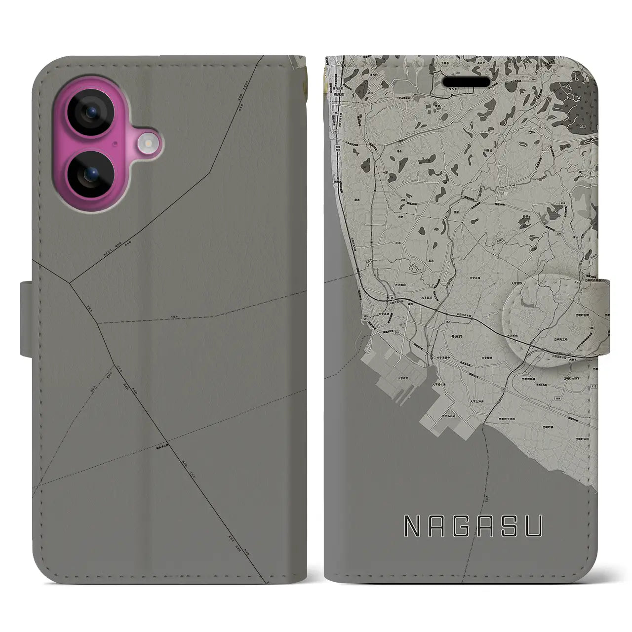 【長洲(熊本県)】地図柄iPhoneケース(手帳タイプ)モノトーン・iPhone 16 Pro 用