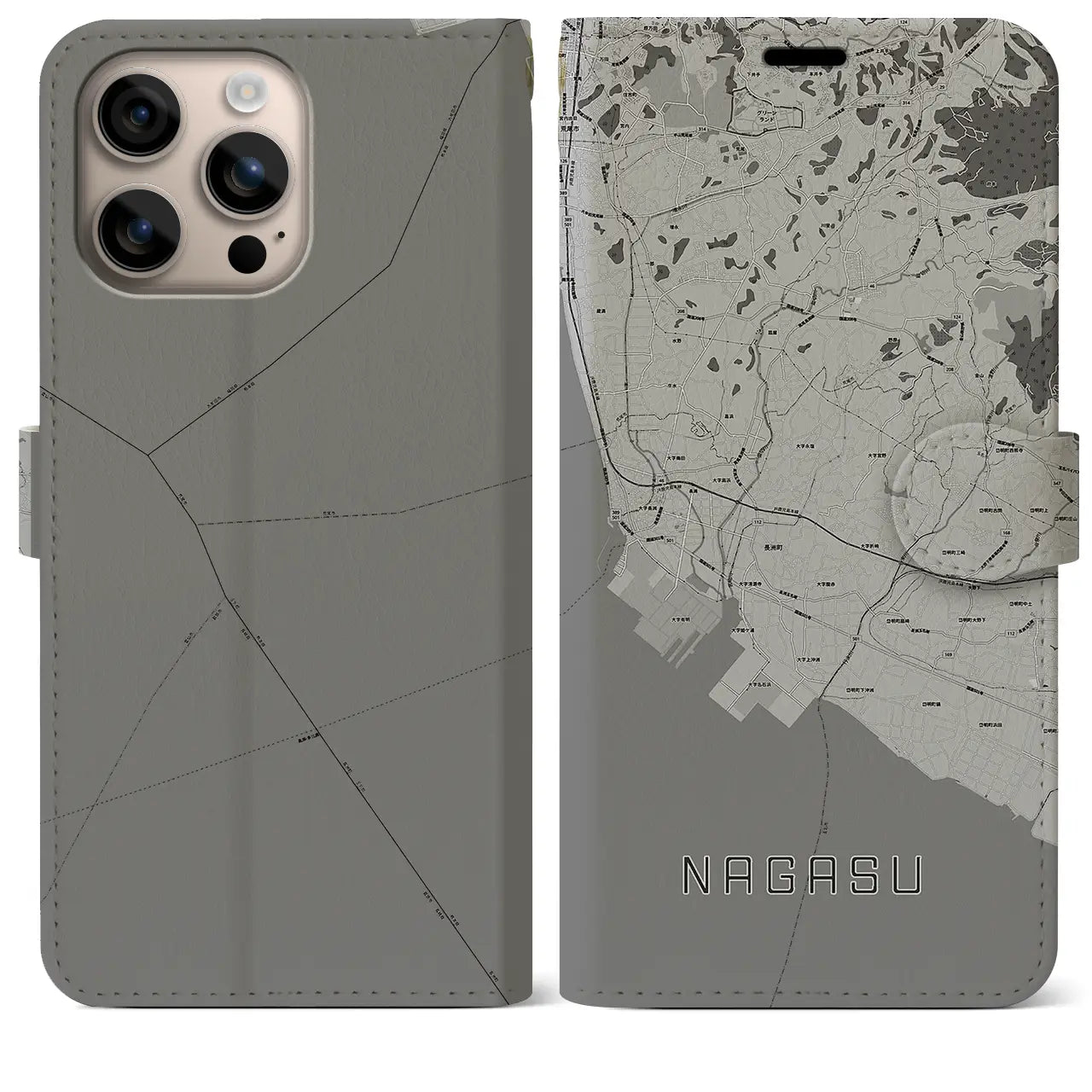 【長洲(熊本県)】地図柄iPhoneケース(手帳タイプ)モノトーン・iPhone 16 Plus 用