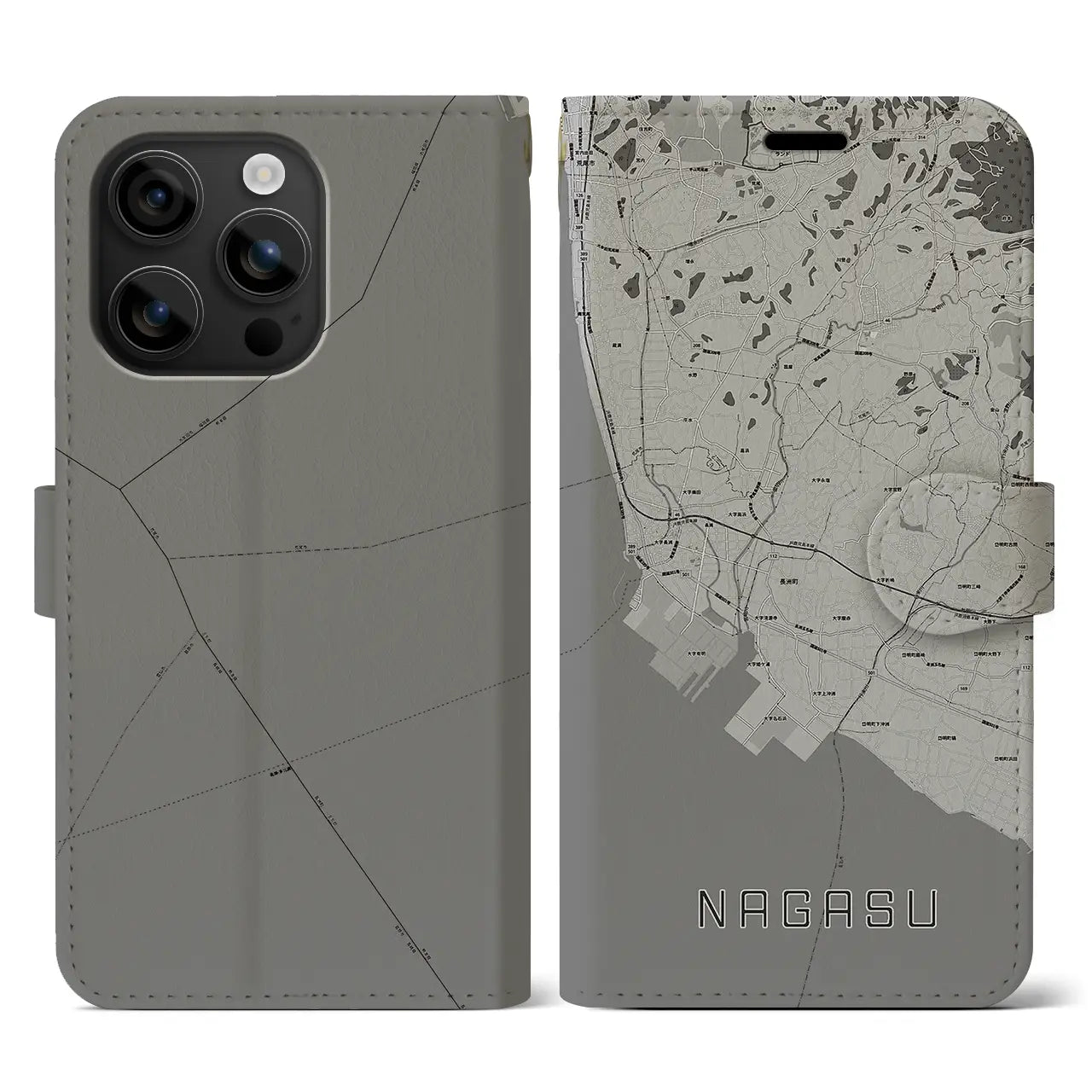 【長洲(熊本県)】地図柄iPhoneケース(手帳タイプ)モノトーン・iPhone 16 用
