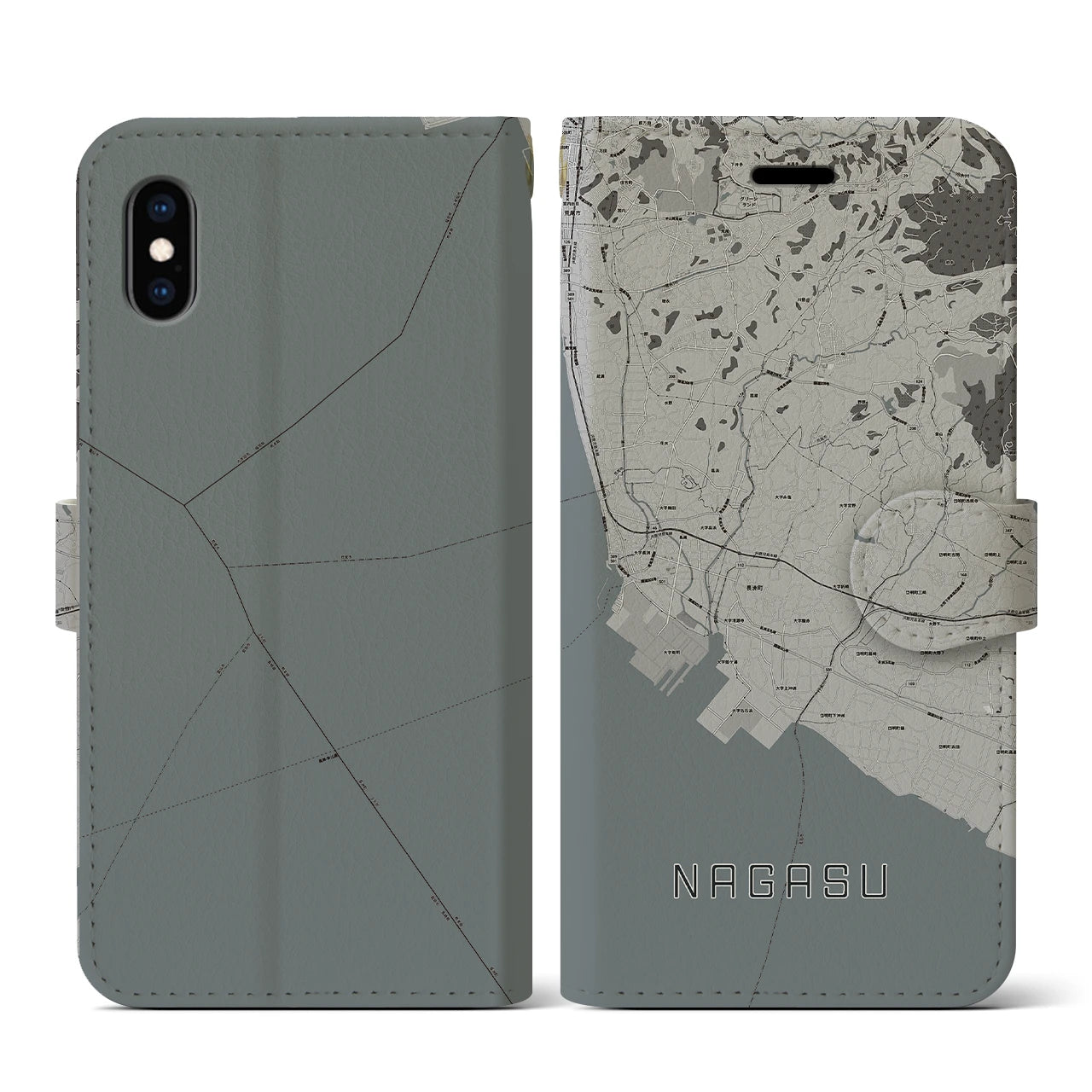 【長洲(熊本県)】地図柄iPhoneケース(手帳タイプ)モノトーン・iPhone XS / X 用