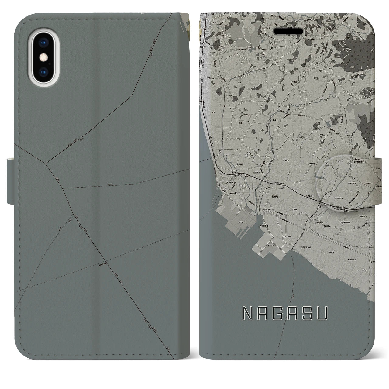 【長洲(熊本県)】地図柄iPhoneケース(手帳タイプ)モノトーン・iPhone XS Max 用