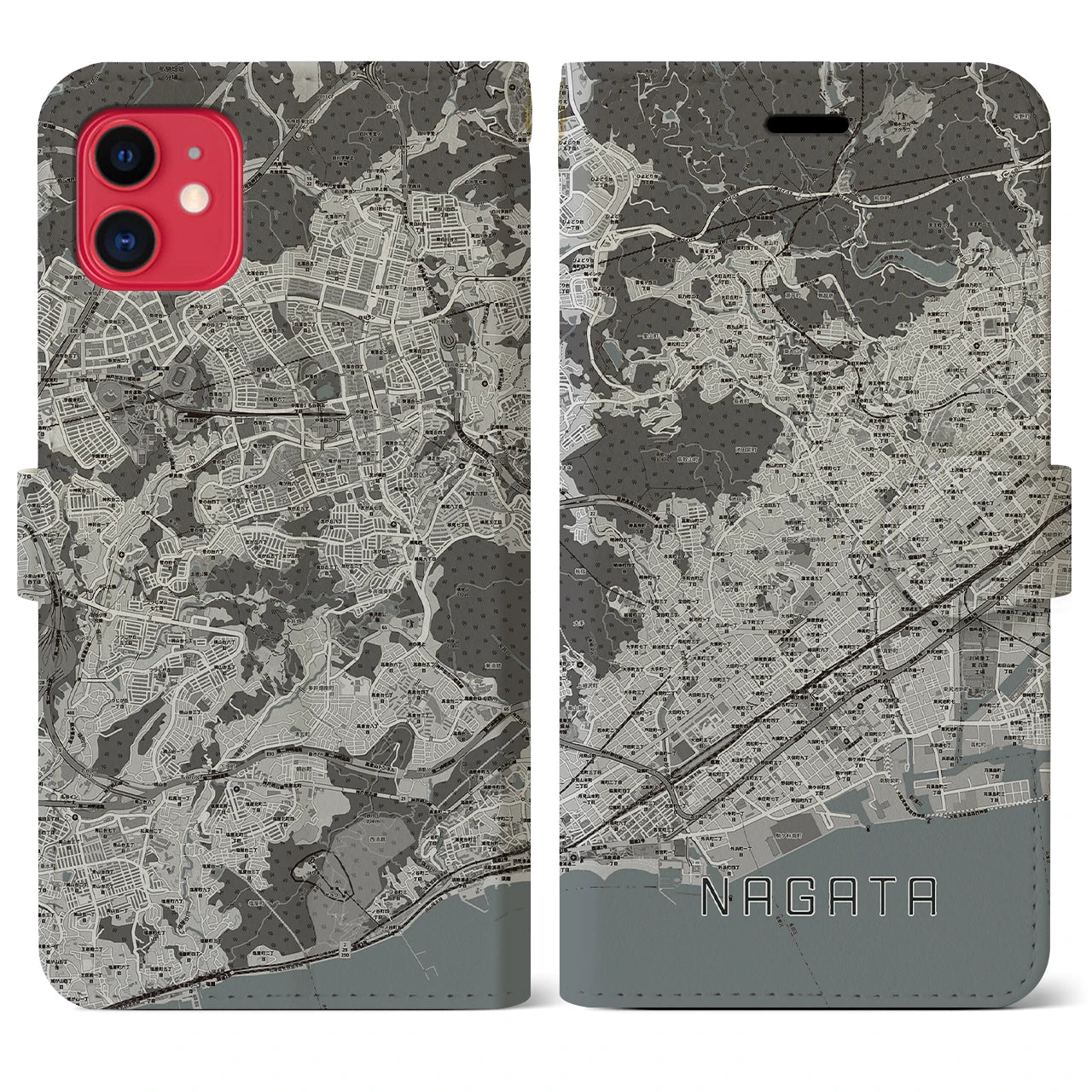 【長田(兵庫県)】地図柄iPhoneケース(手帳タイプ)モノトーン・iPhone 11 用