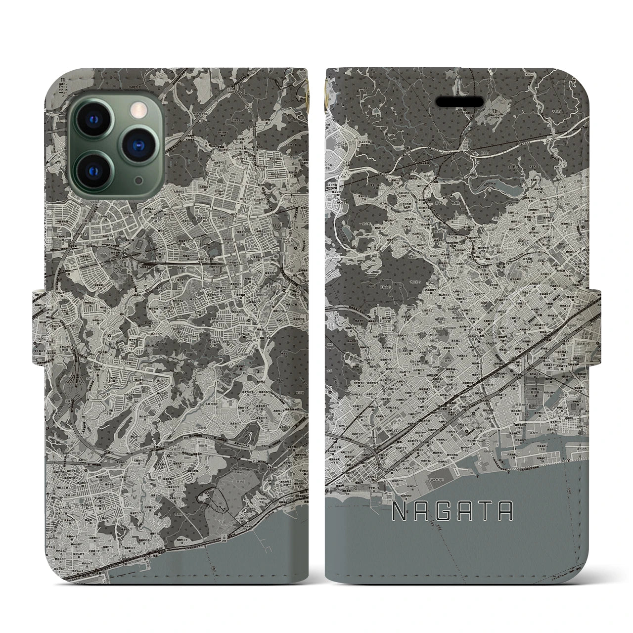 【長田(兵庫県)】地図柄iPhoneケース(手帳タイプ)モノトーン・iPhone 11 Pro 用