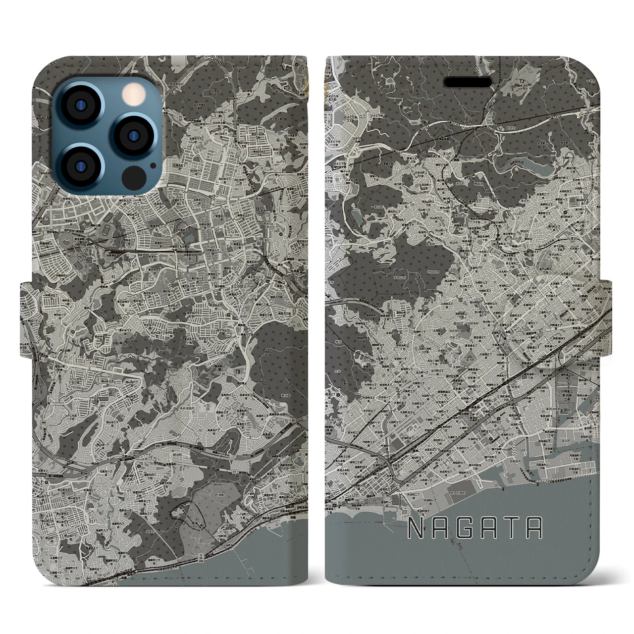 【長田(兵庫県)】地図柄iPhoneケース(手帳タイプ)モノトーン・iPhone 12 / 12 Pro 用