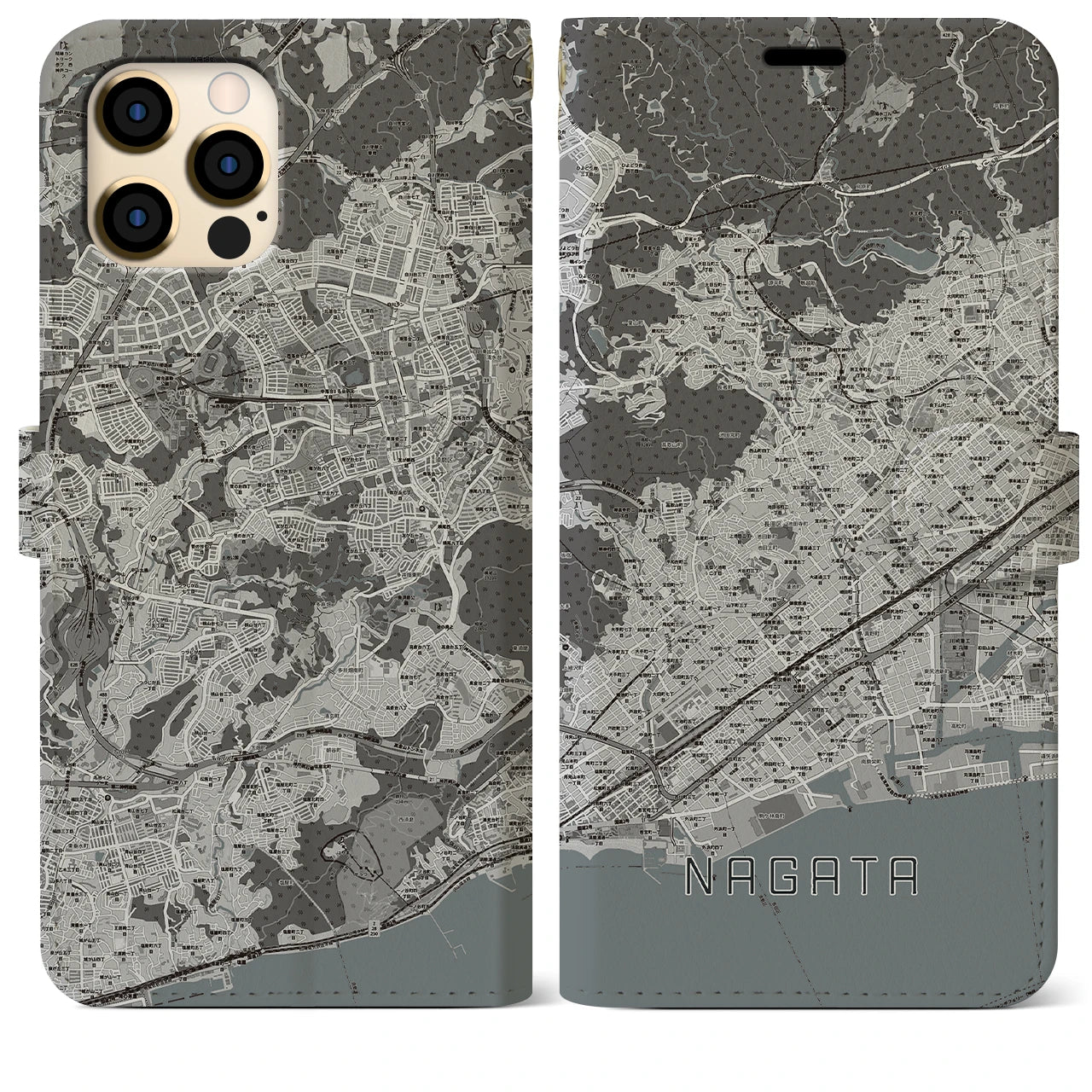 【長田(兵庫県)】地図柄iPhoneケース(手帳タイプ)モノトーン・iPhone 12 Pro Max 用