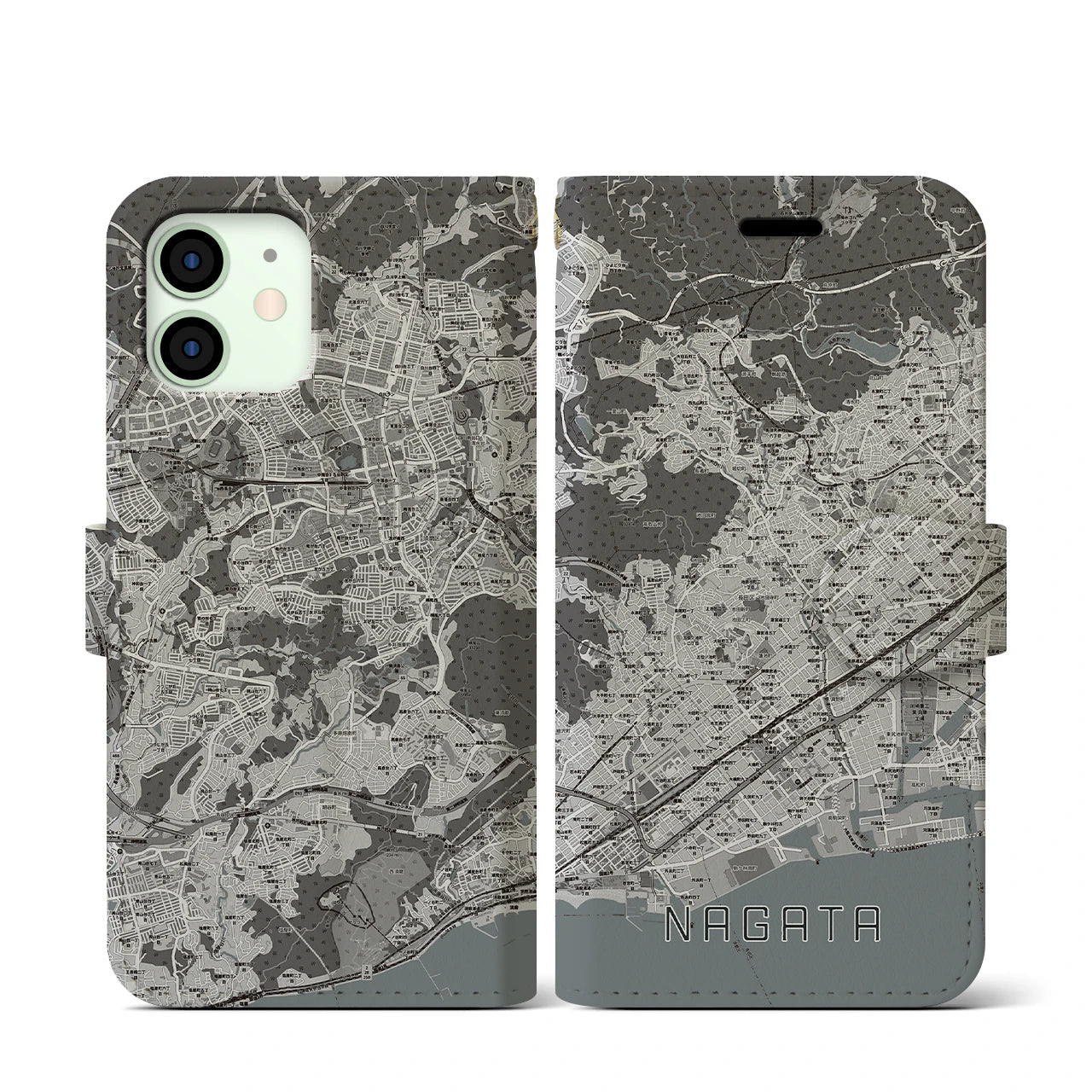 【長田(兵庫県)】地図柄iPhoneケース(手帳タイプ)モノトーン・iPhone 12 mini 用