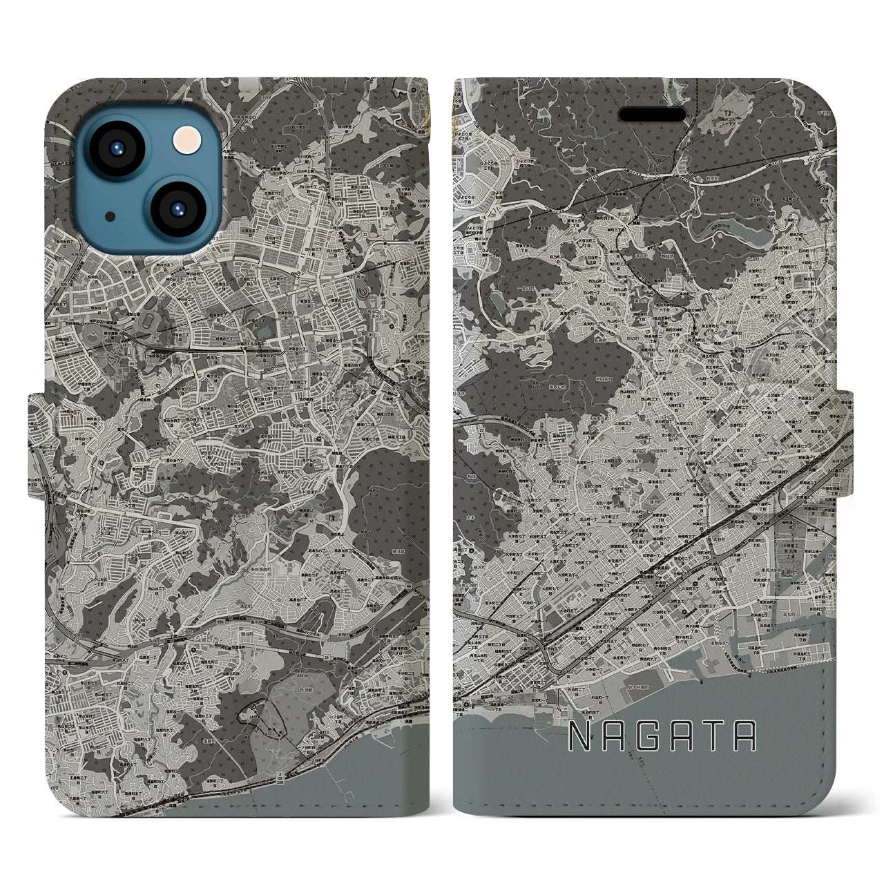 【長田(兵庫県)】地図柄iPhoneケース(手帳タイプ)モノトーン・iPhone 13 用