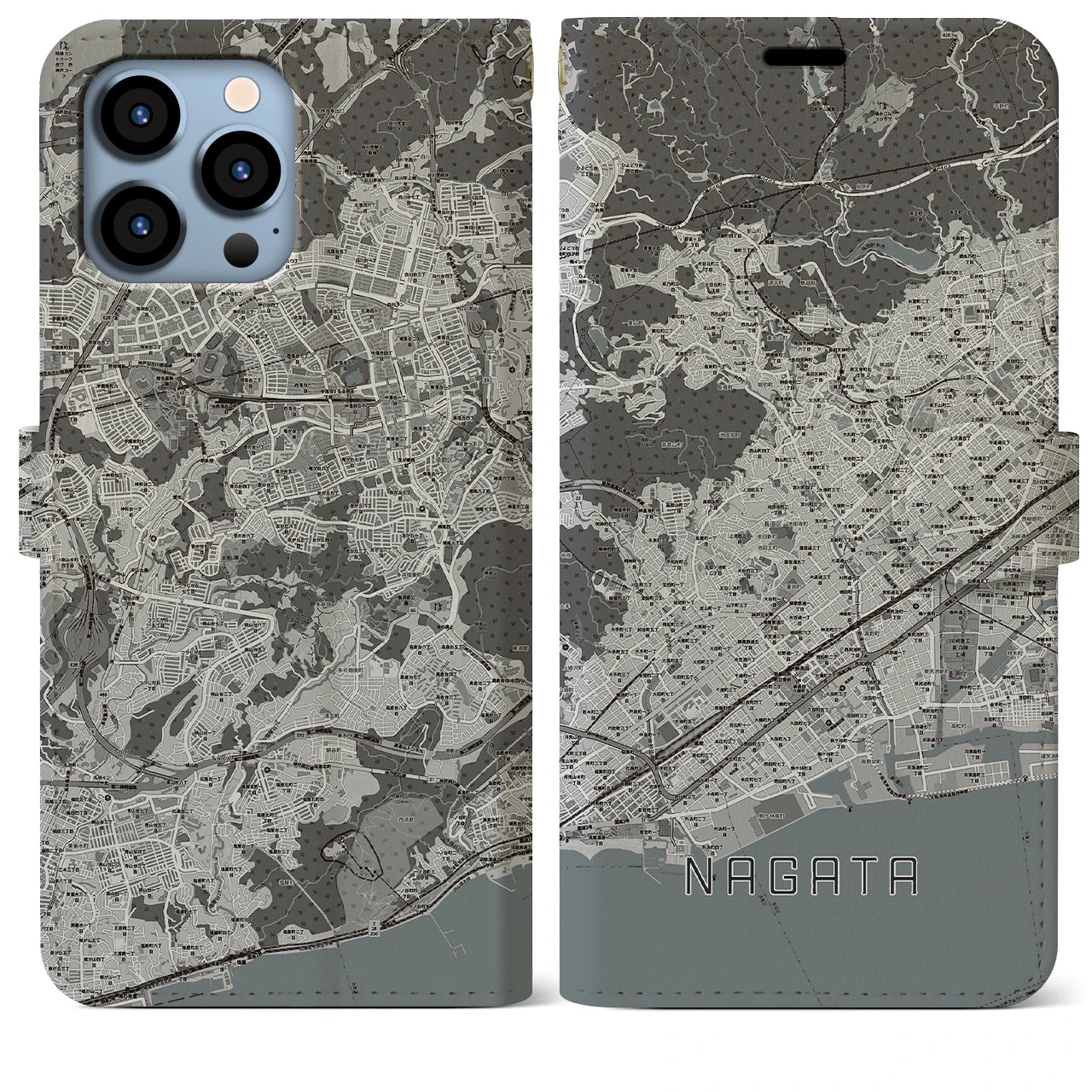 【長田(兵庫県)】地図柄iPhoneケース(手帳タイプ)モノトーン・iPhone 13 Pro Max 用