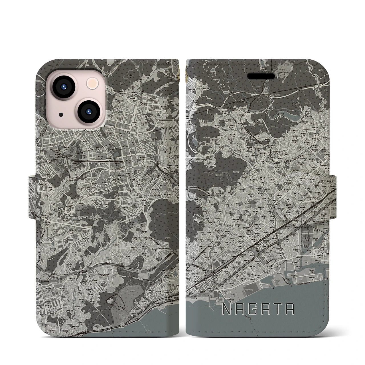 【長田(兵庫県)】地図柄iPhoneケース(手帳タイプ)モノトーン・iPhone 13 mini 用